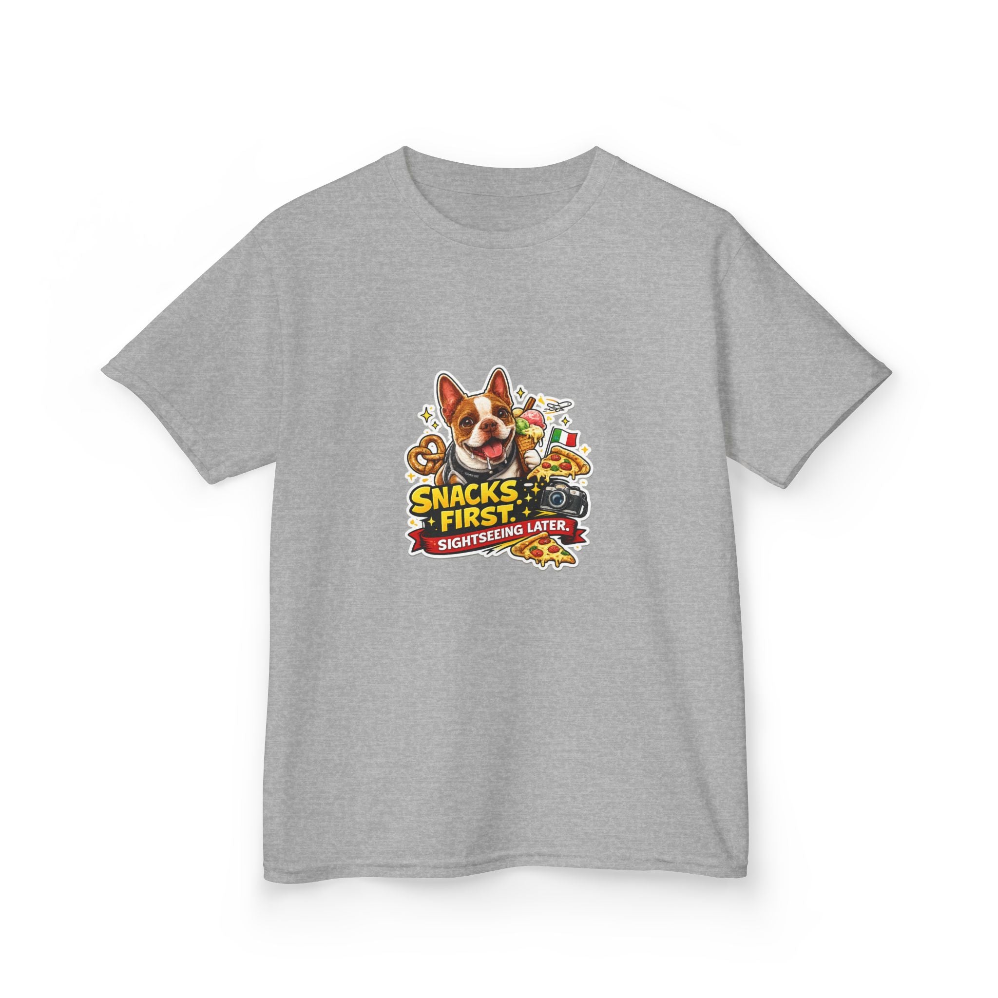 Kids T‑Shirt — "Snacks First" Funny Olli the Boston Terrier Graphic Tee for Children