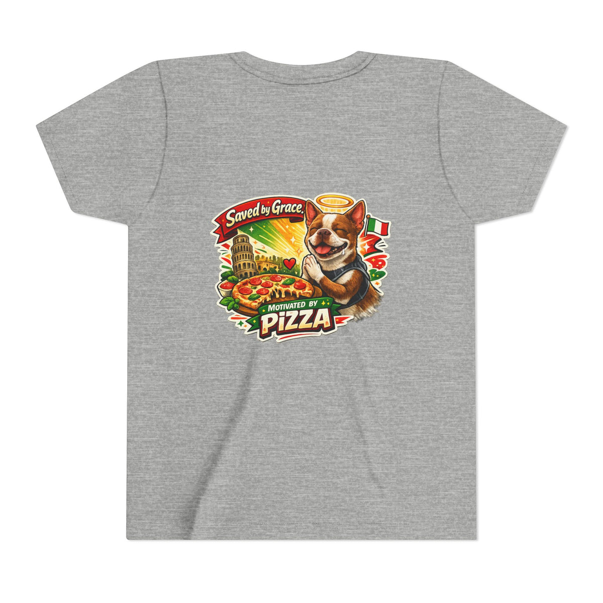 Kids' Pizza Olli the Boston Terrier Tee — "Saved by Grace" Funny Italian Pizza Youth Shirt
