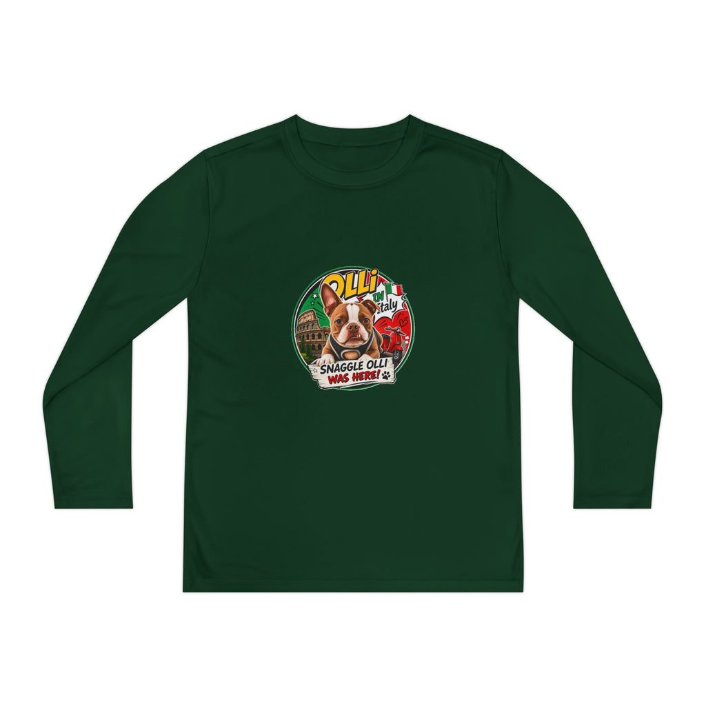 Olli the Boston Terrier in Italy Youth Long Sleeve Tee — "Olli" Surf Rescue Graphic