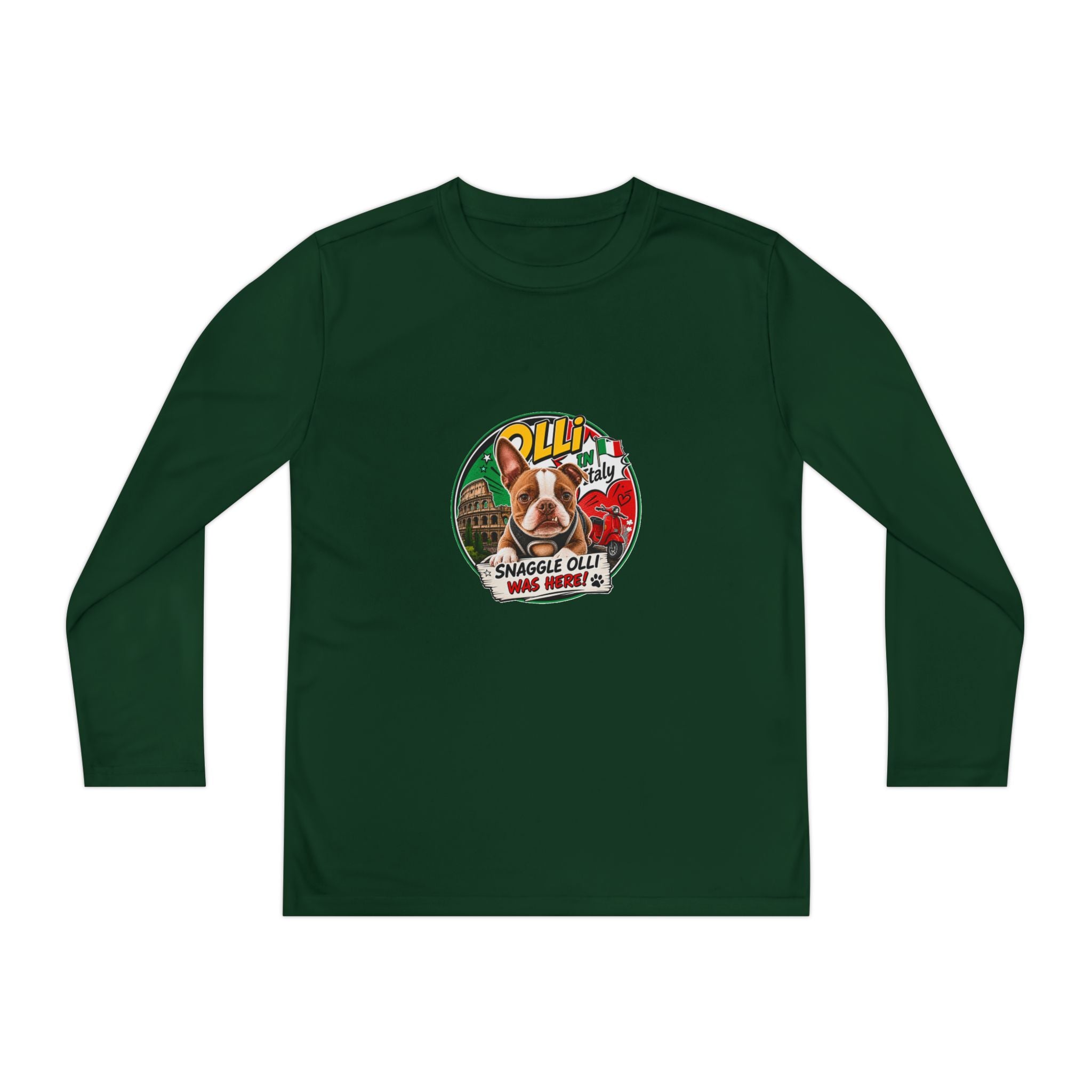 Olli the Boston Terrier in Italy Youth Long Sleeve Tee — "Olli" Surf Rescue Graphic