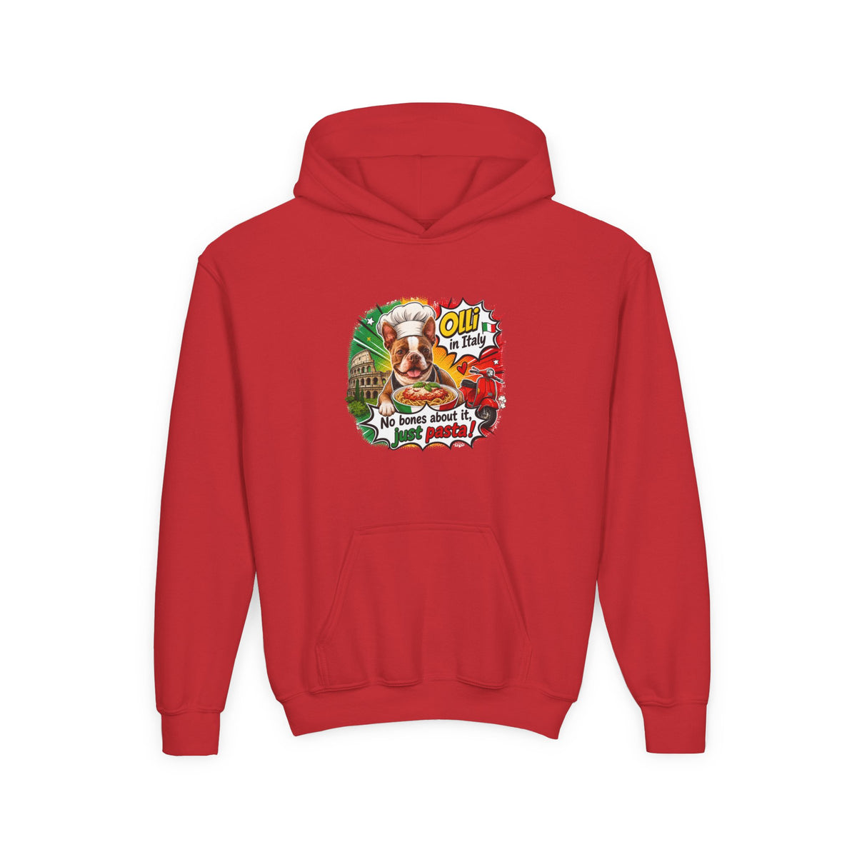 Youth Hoodie — "Olli from Italy" Boston Terrier Christmas Holiday Sweatshirt