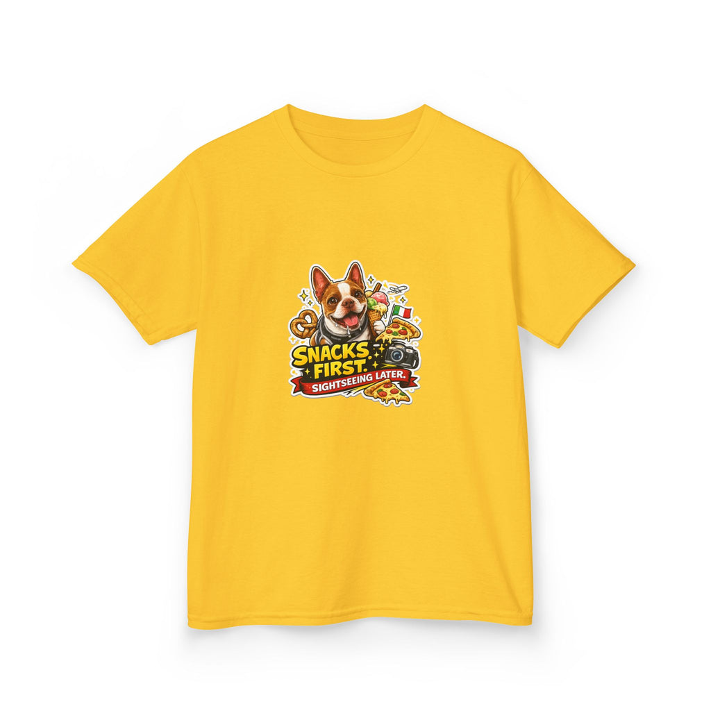 Kids T‑Shirt — "Snacks First" Funny Olli the Boston Terrier Graphic Tee for Children