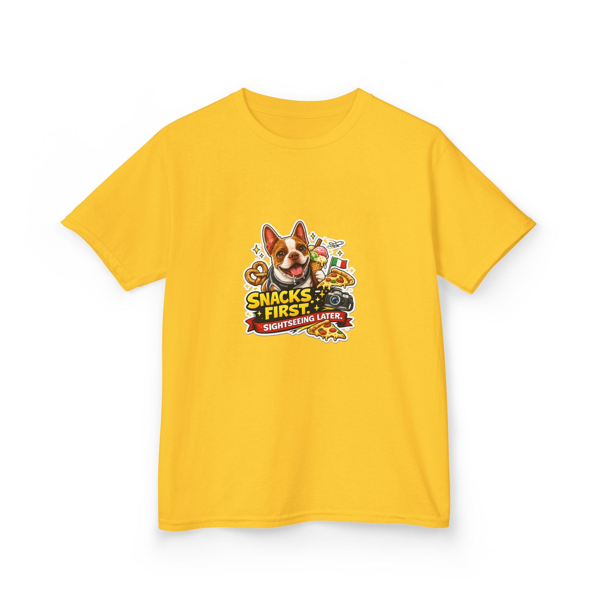 Kids T‑Shirt — "Snacks First" Funny Olli the Boston Terrier Graphic Tee for Children