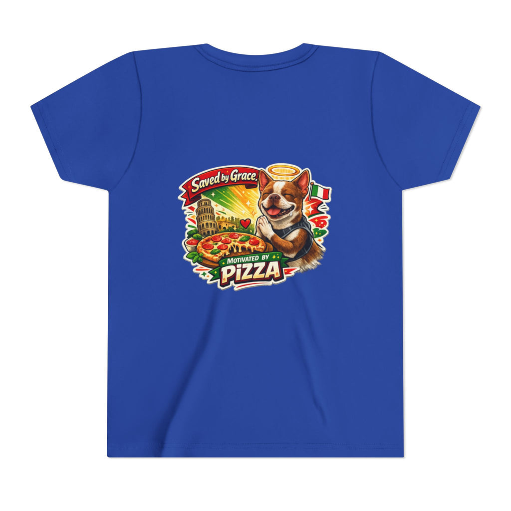 Kids' Pizza Olli the Boston Terrier Tee — "Saved by Grace" Funny Italian Pizza Youth Shirt