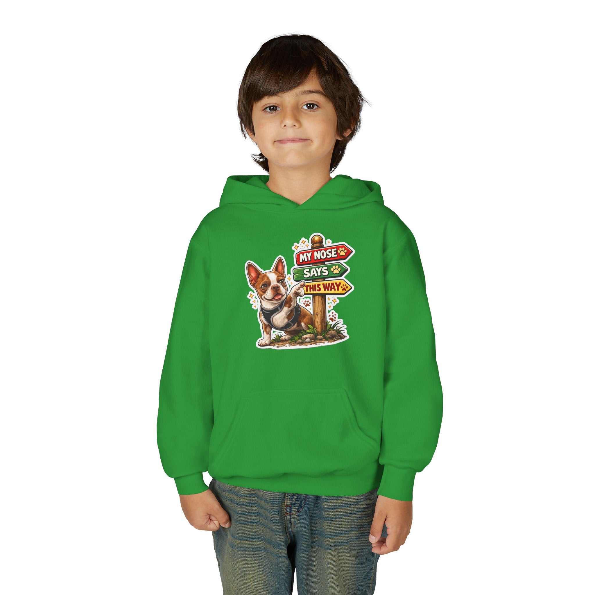 Youth Hoodie — Olli In Italy Boston Terrier Dog Design ‘My Nose Says This Way’ / ‘I Came, I Sniffed, I Judged’