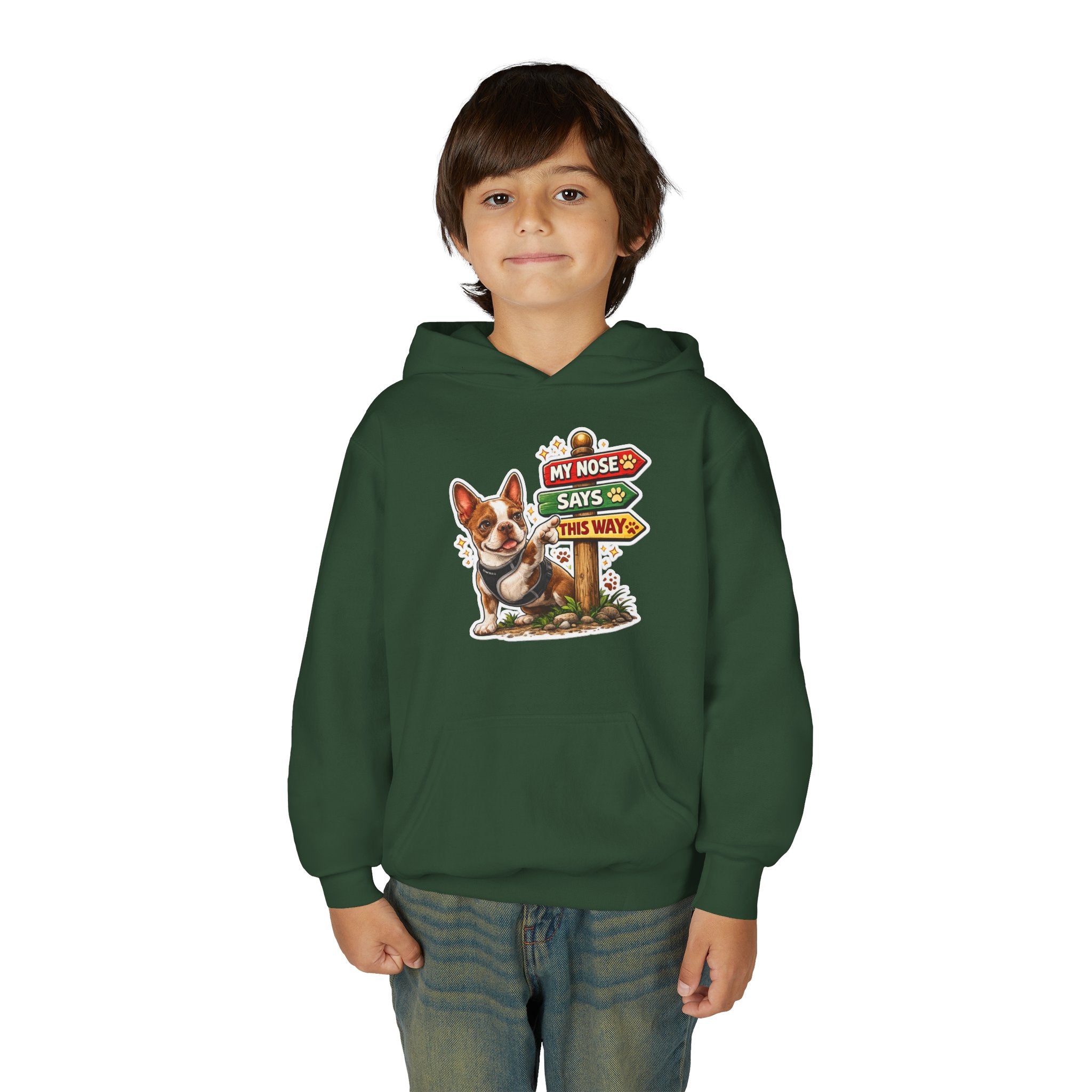 Youth Hoodie — Cute Olli the Boston Terrier ‘My Nose Says This Way’ / ‘I Came, I Sniffed, I Judged’