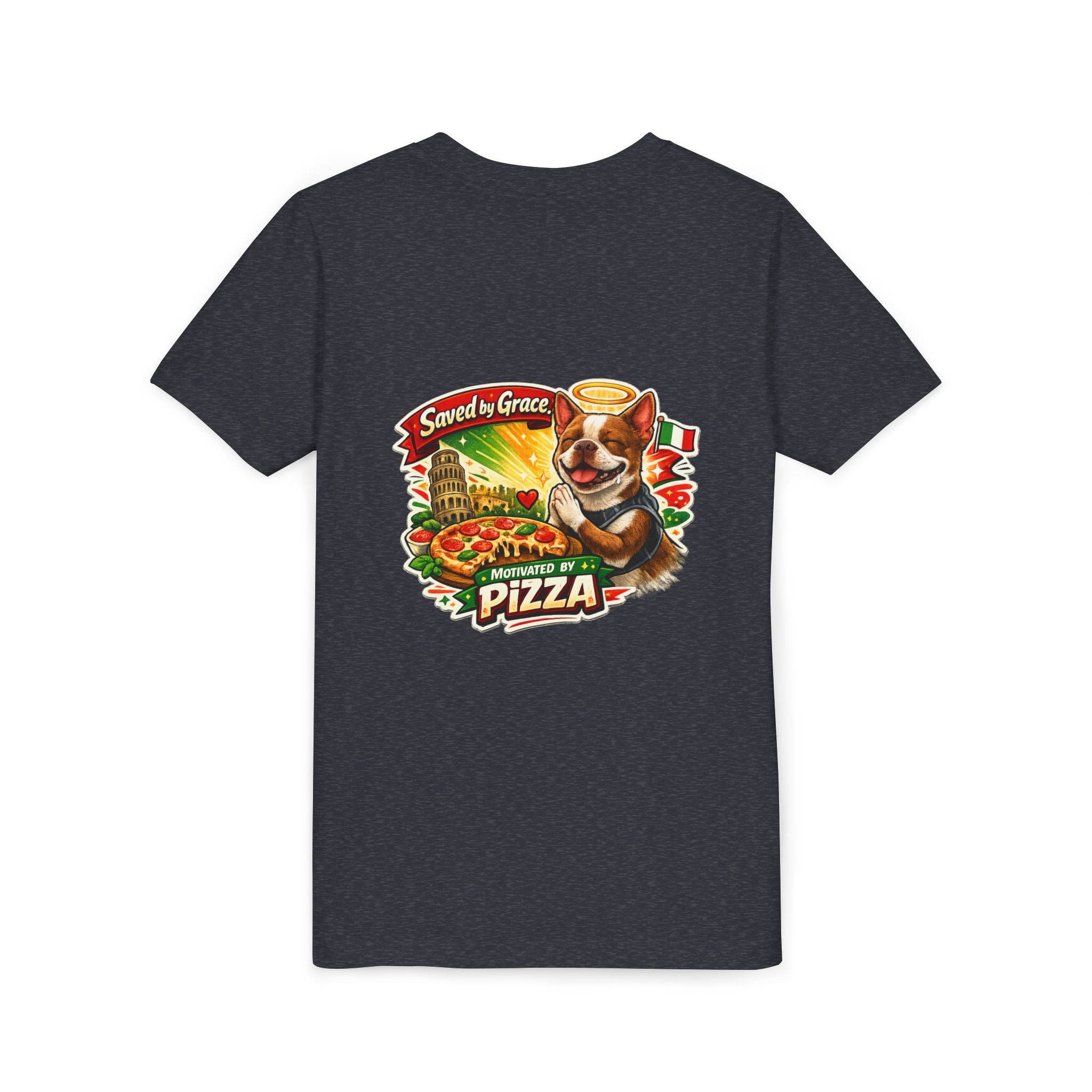 Kids' Pizza Olli the Boston Terrier Tee — "Saved by Grace" Funny Italian Pizza Youth Shirt