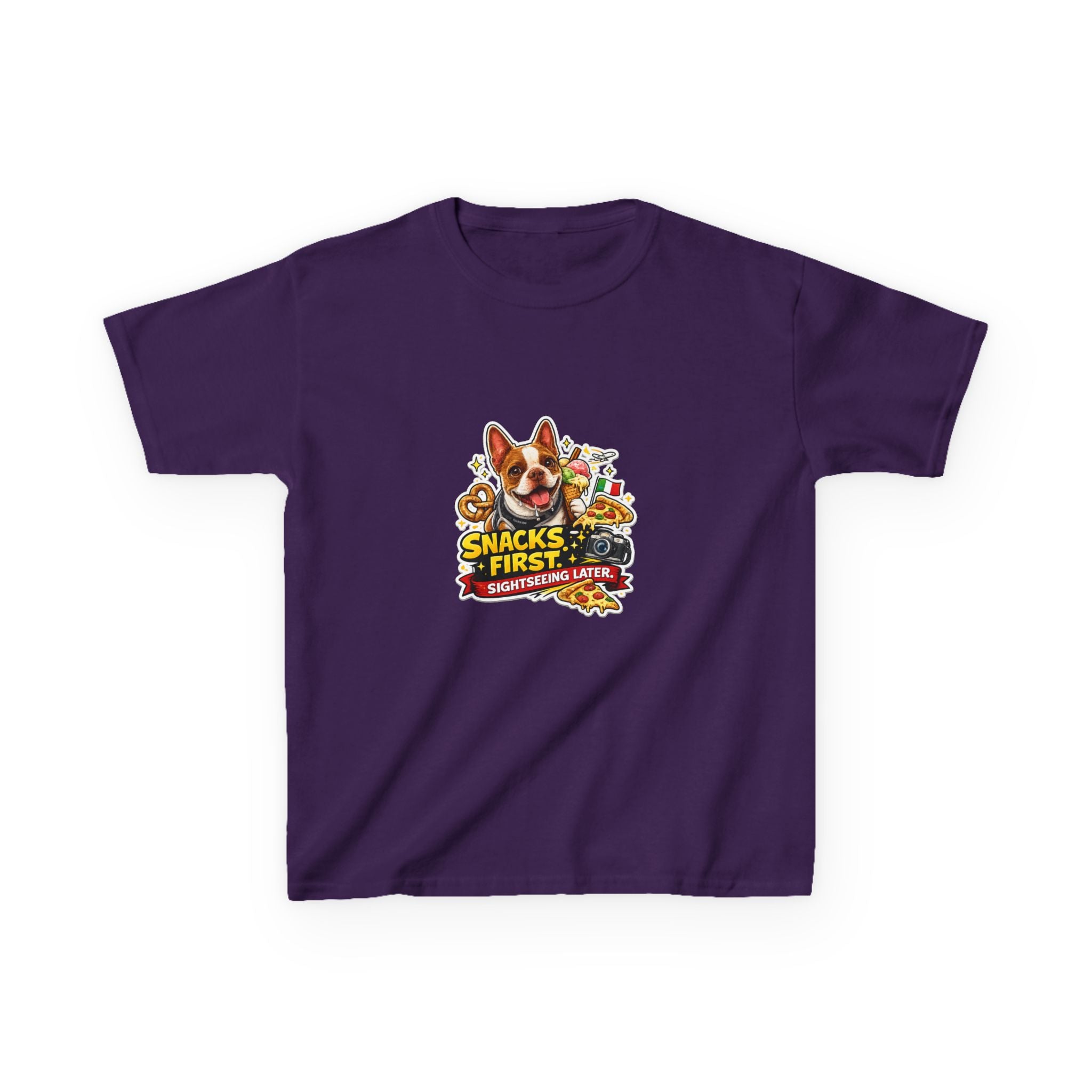 Kids T‑Shirt — "Snacks First" Funny Olli the Boston Terrier Graphic Tee for Children
