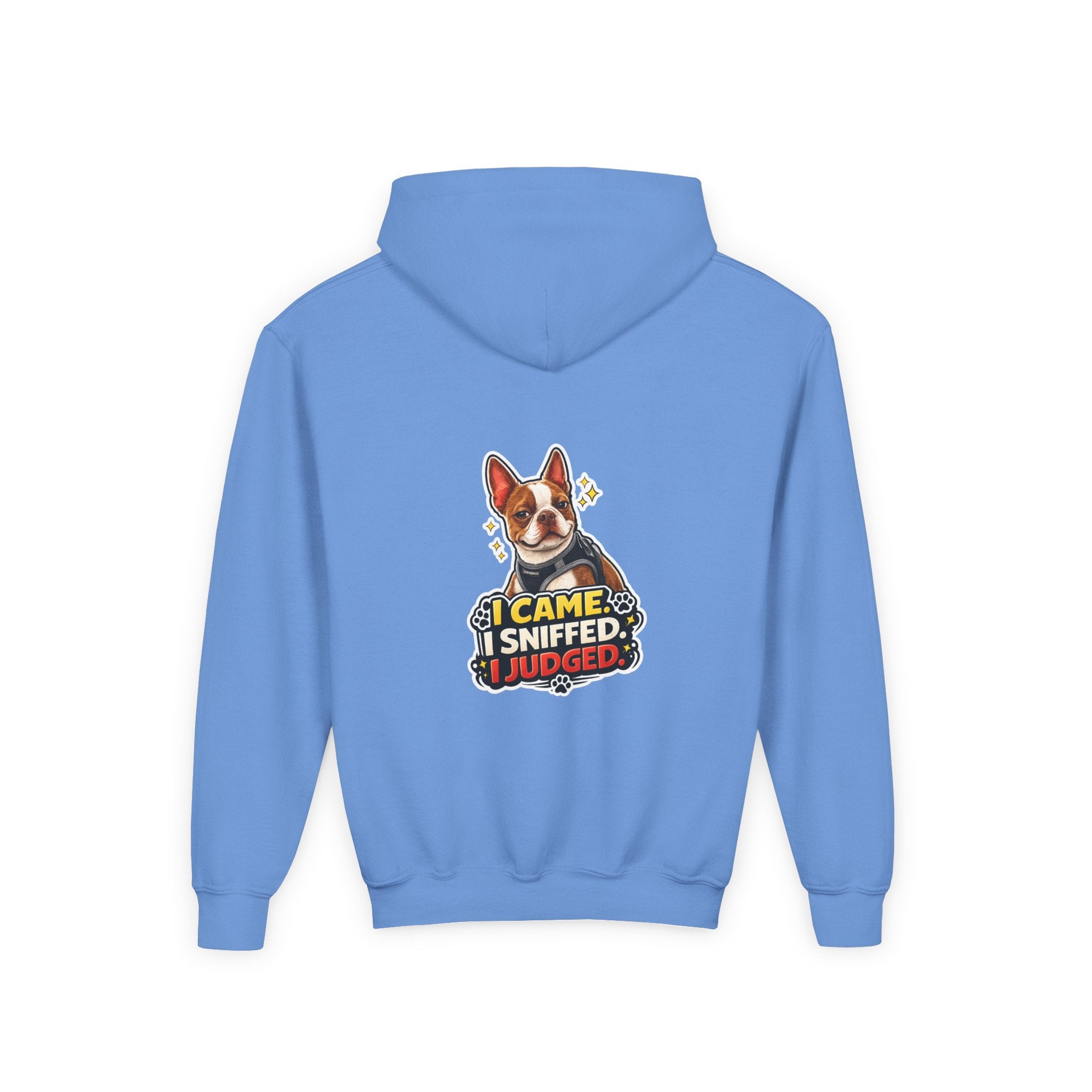 Youth Hoodie — Cute Olli the Boston Terrier ‘My Nose Says This Way’ / ‘I Came, I Sniffed, I Judged’