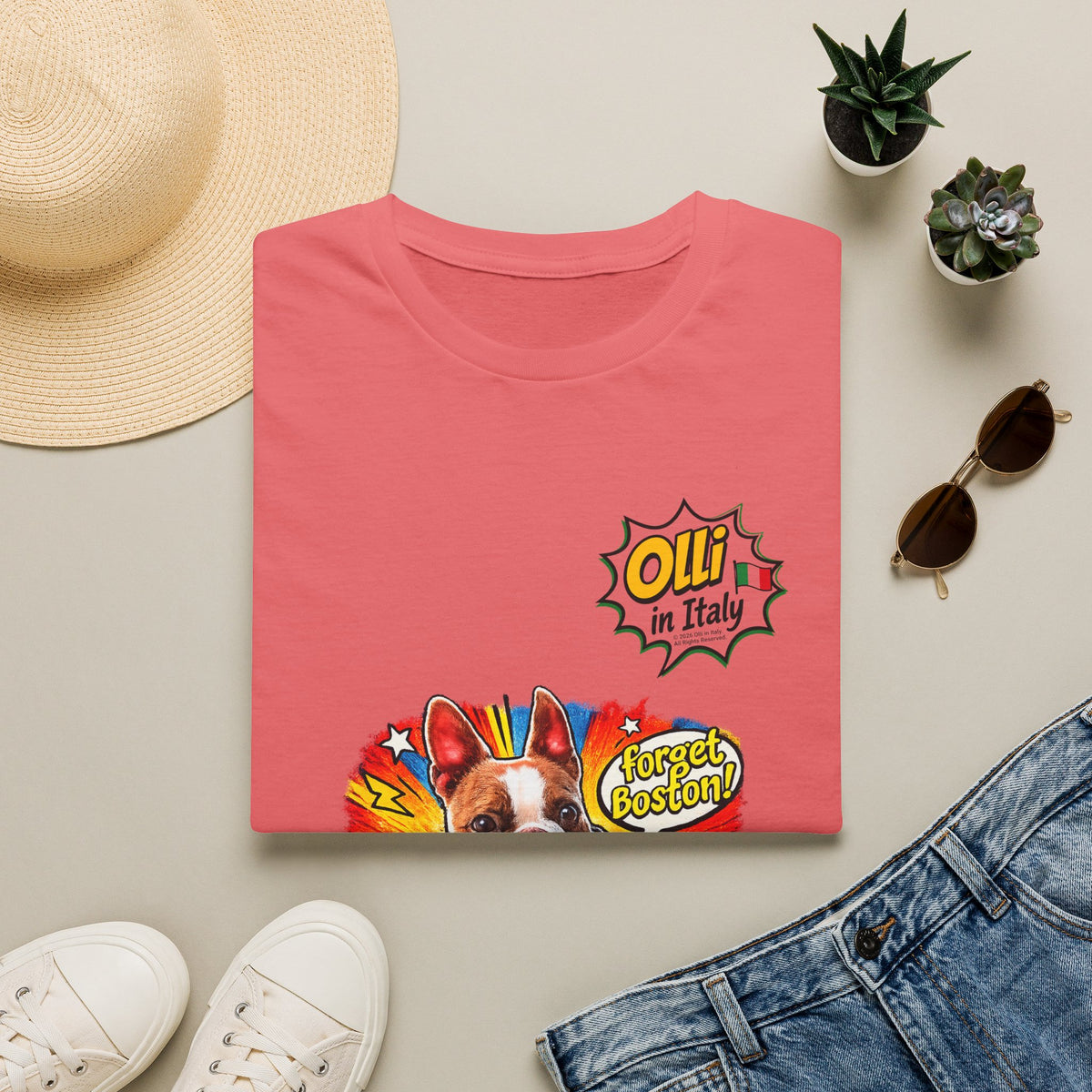Olli in Italy "Forget Boston" Graphic T-Shirt — Colorful Dog Pop Art Tee