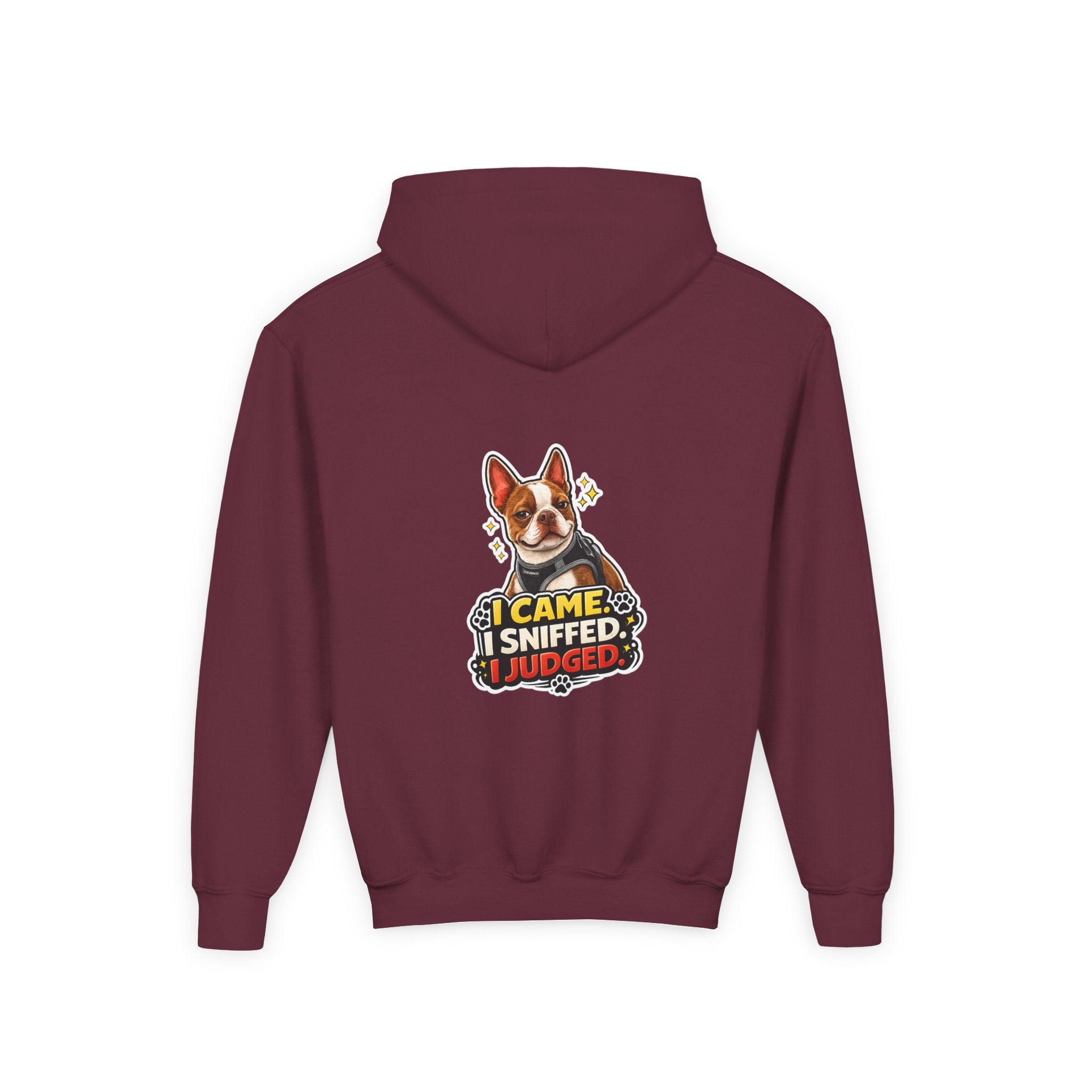 Youth Hoodie — Cute Olli the Boston Terrier ‘My Nose Says This Way’ / ‘I Came, I Sniffed, I Judged’