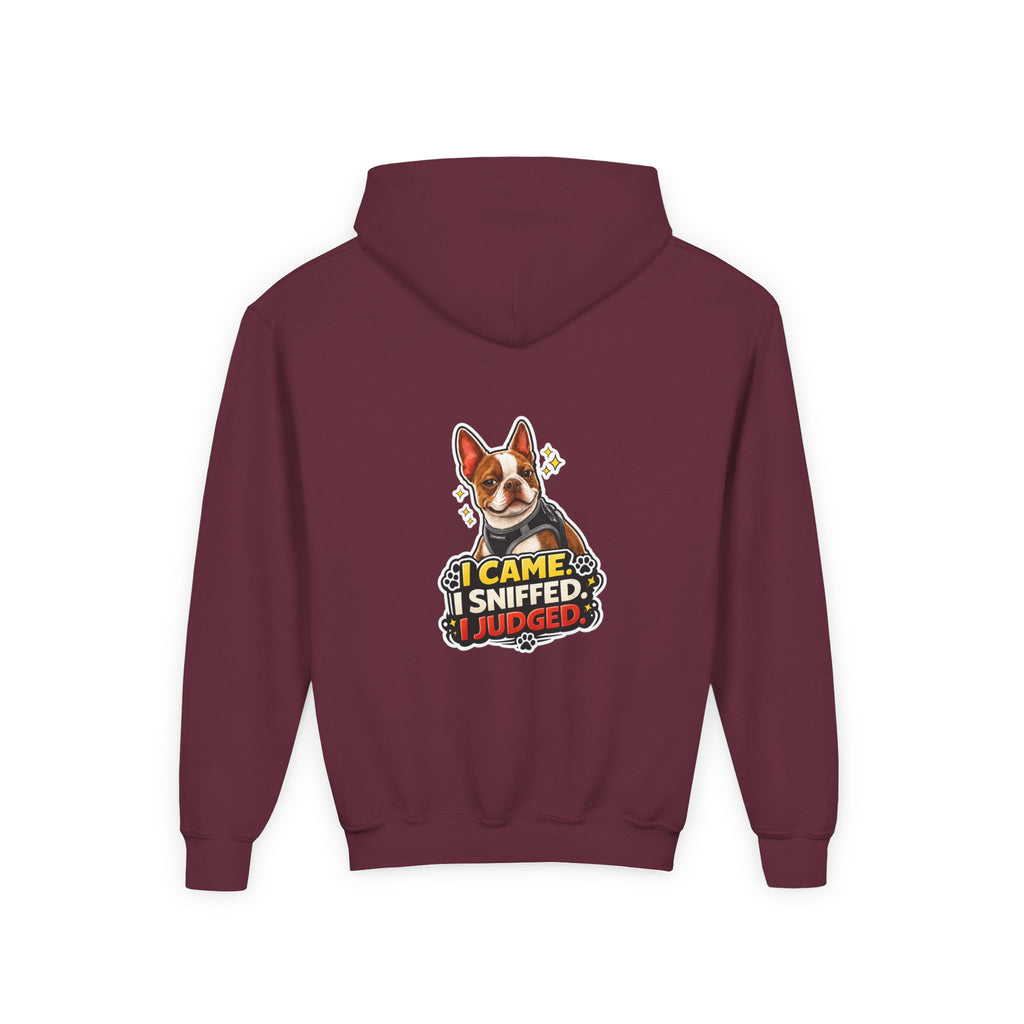 Youth Hoodie — Olli In Italy Boston Terrier Dog Design ‘My Nose Says This Way’ / ‘I Came, I Sniffed, I Judged’
