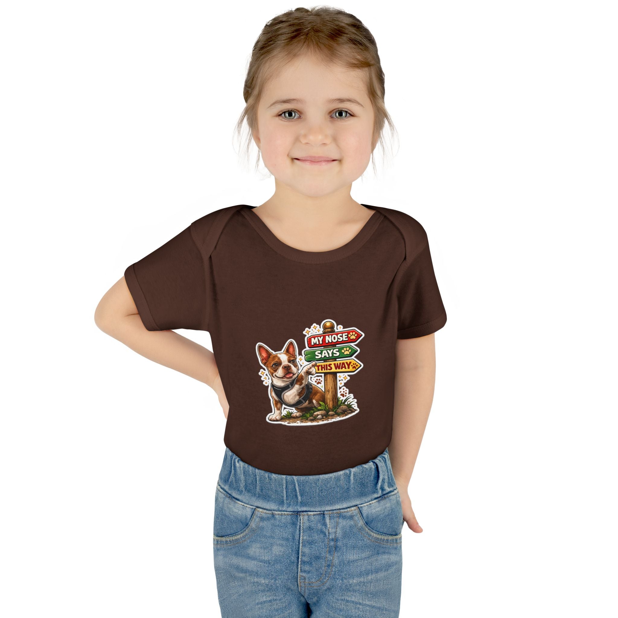 Infant Bodysuit — "My Nose Says This Way" Olli In Italy Boston Terrier Onesie (Front & Back Cute Dog Design)