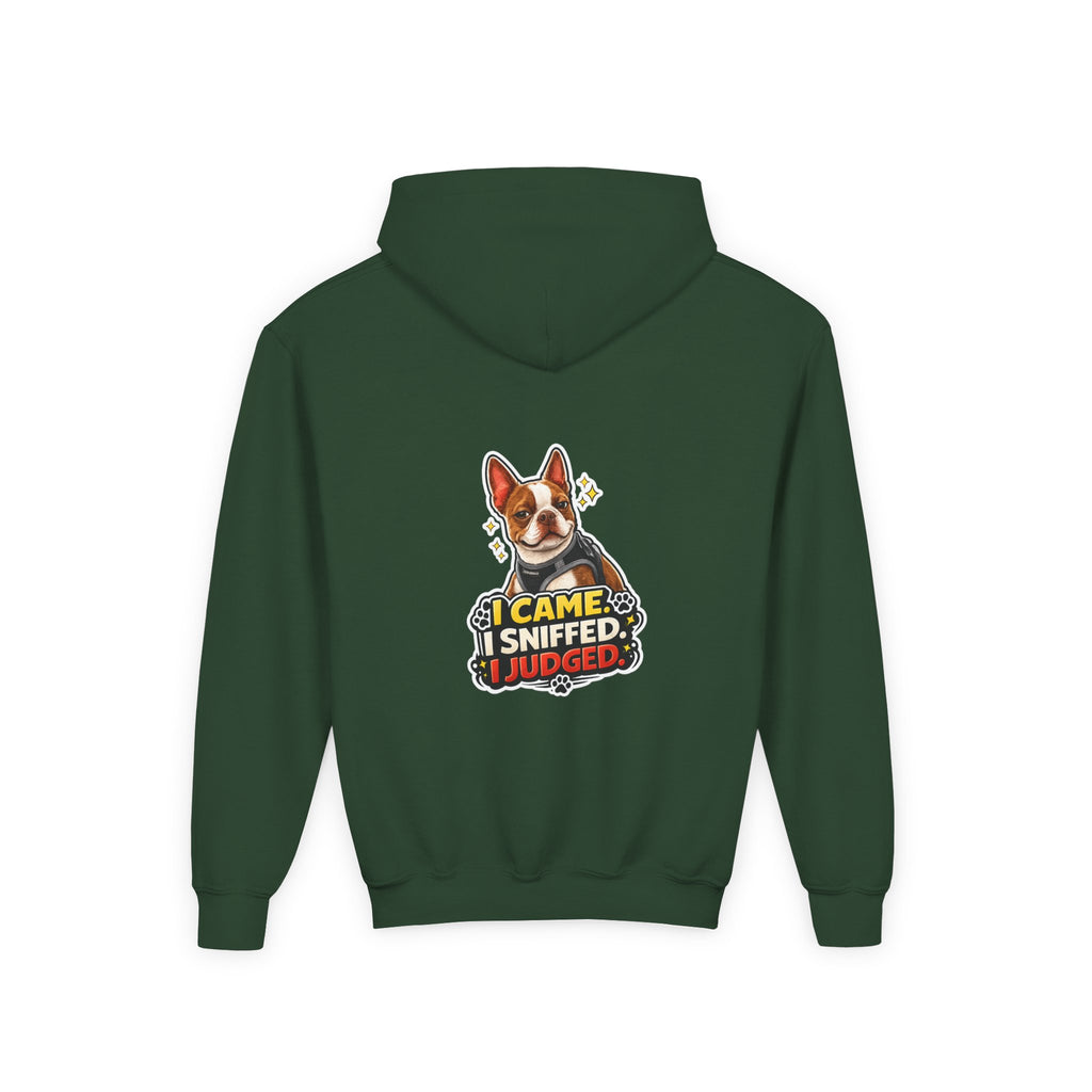 Youth Hoodie — Cute Olli the Boston Terrier ‘My Nose Says This Way’ / ‘I Came, I Sniffed, I Judged’