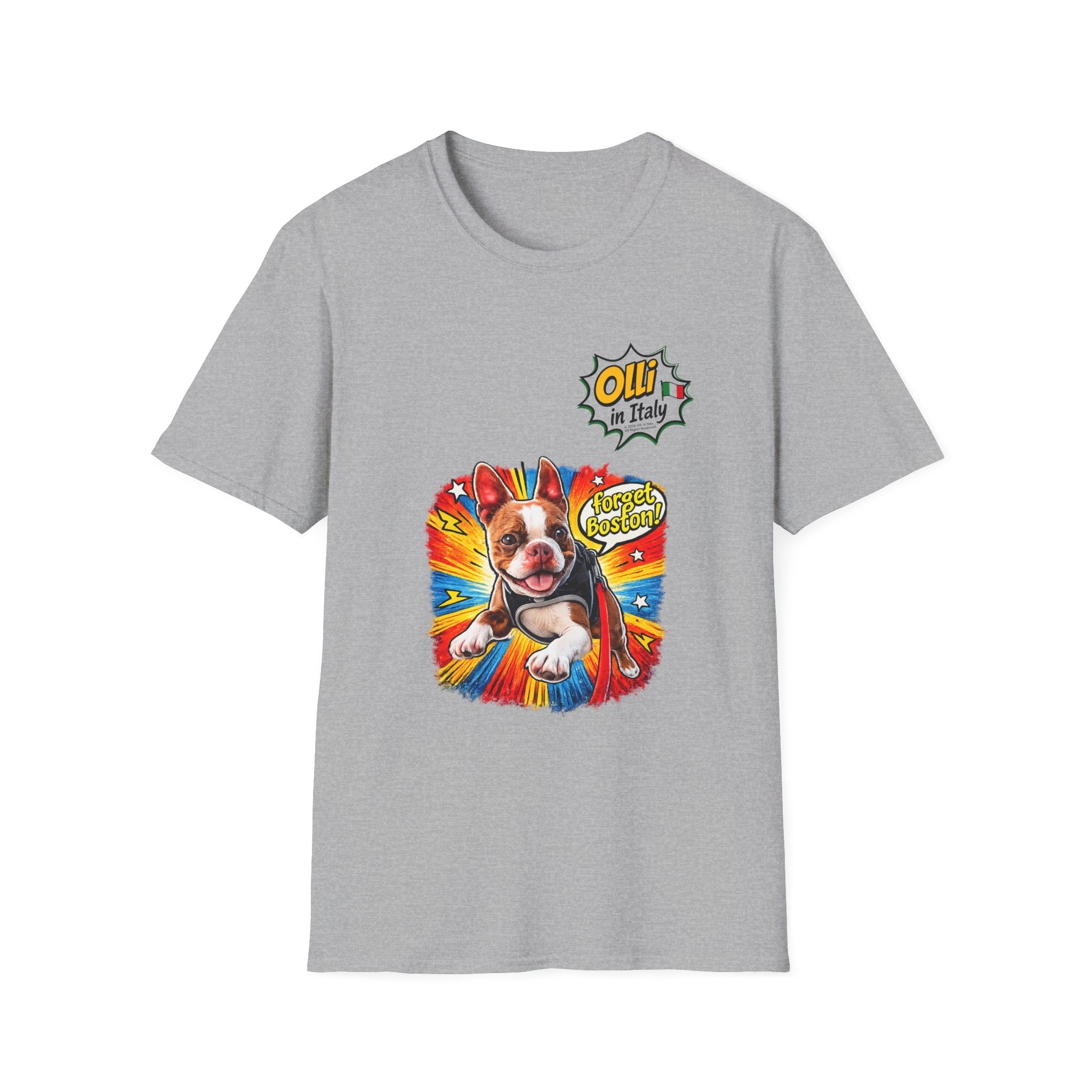 Olli in Italy "Forget Boston" Graphic T-Shirt — Colorful Dog Pop Art Tee