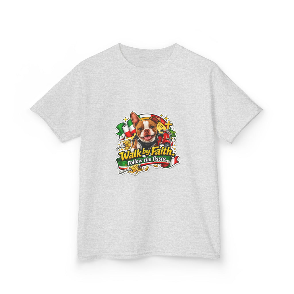 Kids T‑Shirt — “Walk by Faith, Follow the Pasta ” Cute Olli the Boston Terrier Faith Graphic