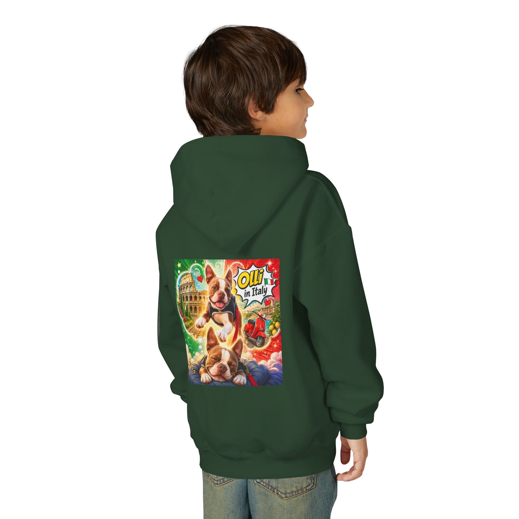 Youth Hoodie — "Olli in Italy" Boston Terrier Sweatshirt
