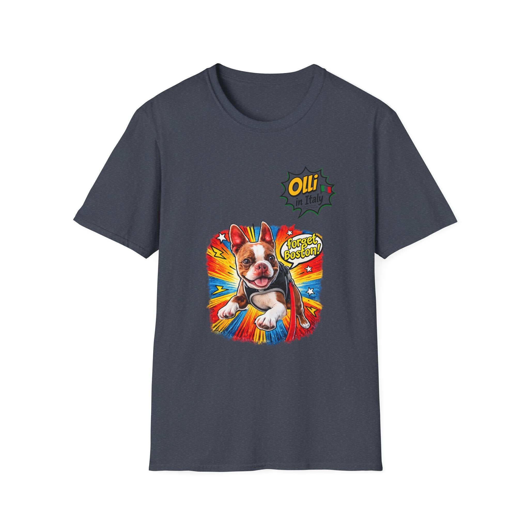 Olli in Italy "Forget Boston" Graphic T-Shirt — Colorful Dog Pop Art Tee