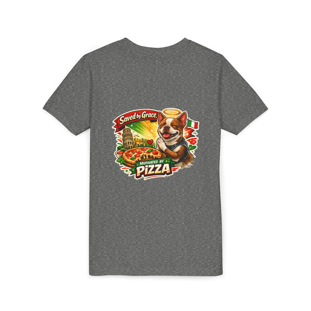 Kids' Pizza Olli the Boston Terrier Tee — "Saved by Grace" Funny Italian Pizza Youth Shirt