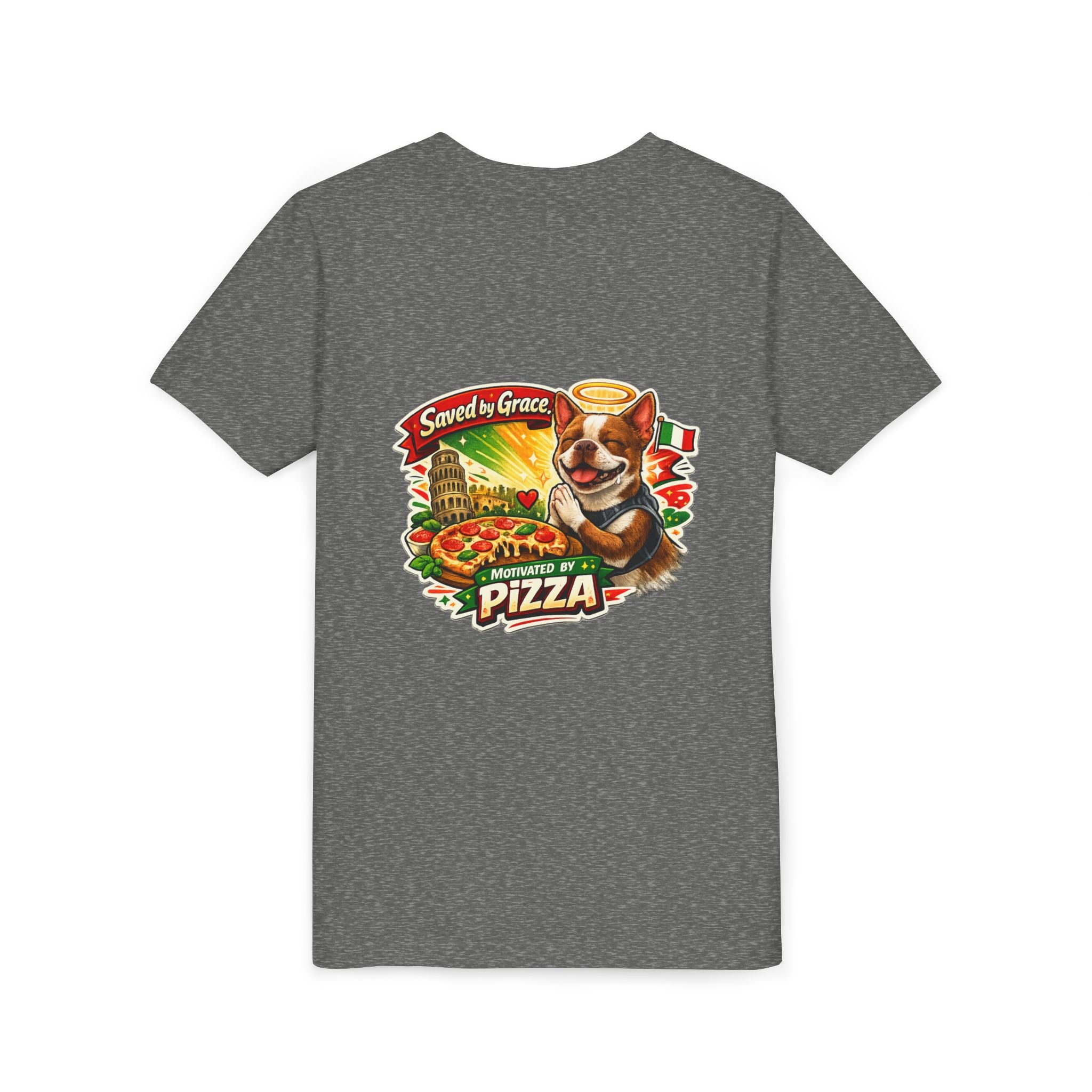 Kids' Pizza Olli the Boston Terrier Tee — "Saved by Grace" Funny Italian Pizza Youth Shirt
