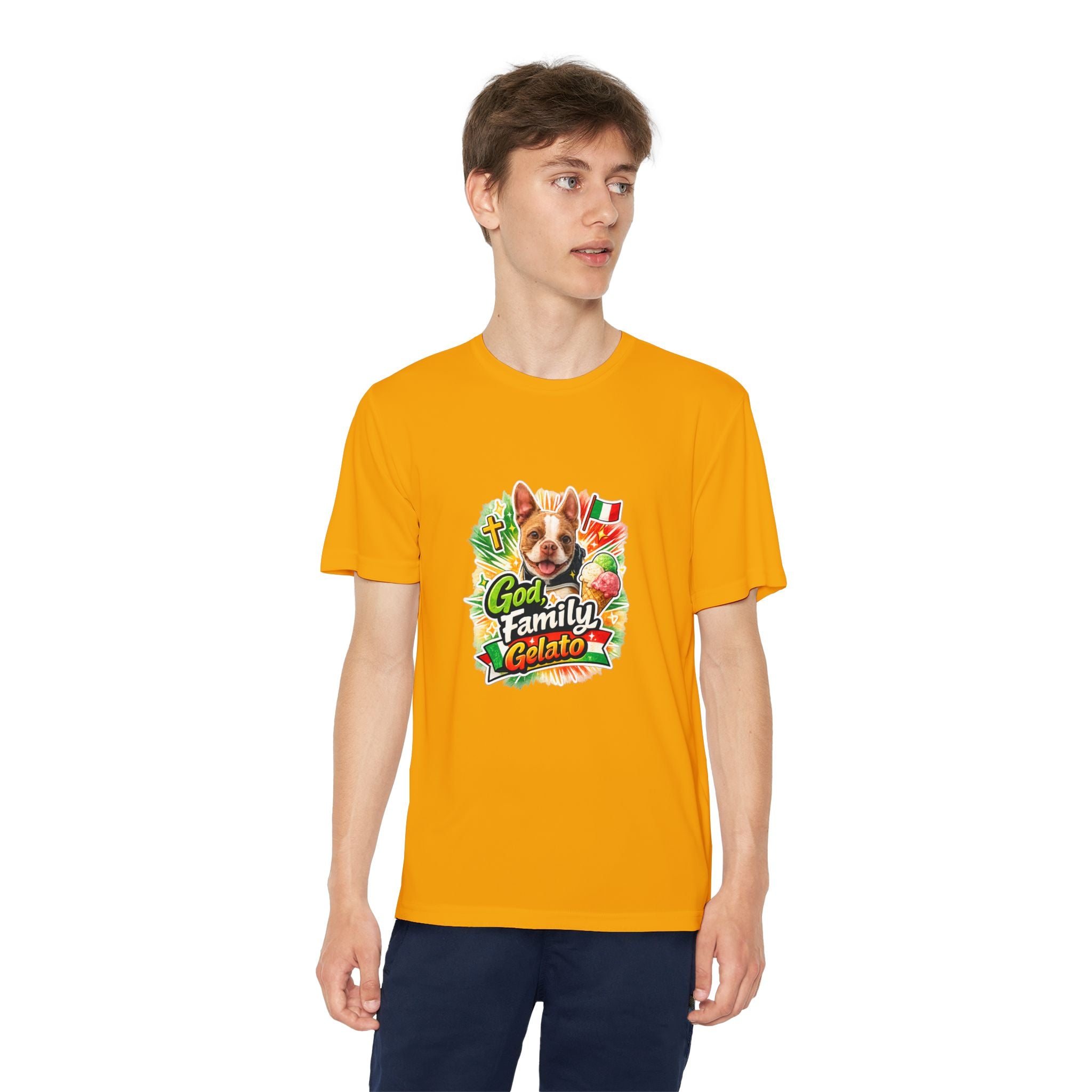 Youth Graphic Tee — 'God, Family, Gelato' Olli In Italy Boston Terrier Dog