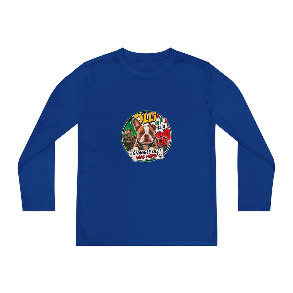 Olli the Boston Terrier in Italy Youth Long Sleeve Tee — "Olli" Surf Rescue Graphic