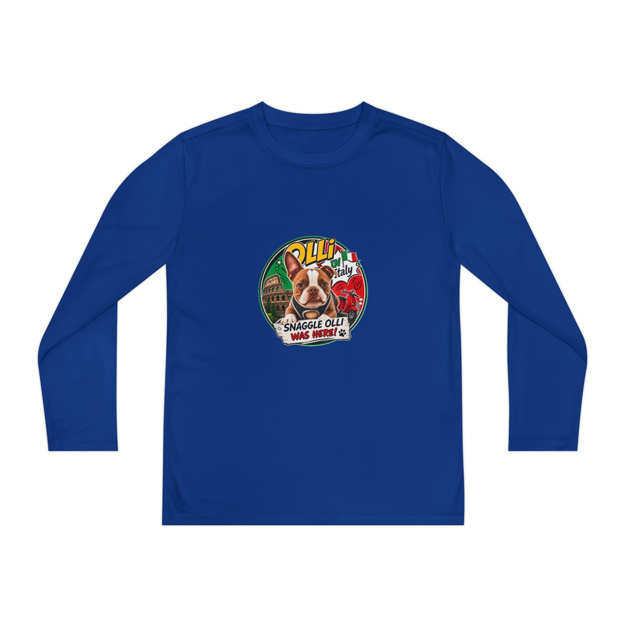Olli the Boston Terrier in Italy Youth Long Sleeve Tee — "Olli" Surf Rescue Graphic