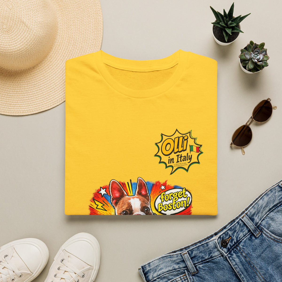 Olli in Italy "Forget Boston" Graphic T-Shirt — Colorful Dog Pop Art Tee
