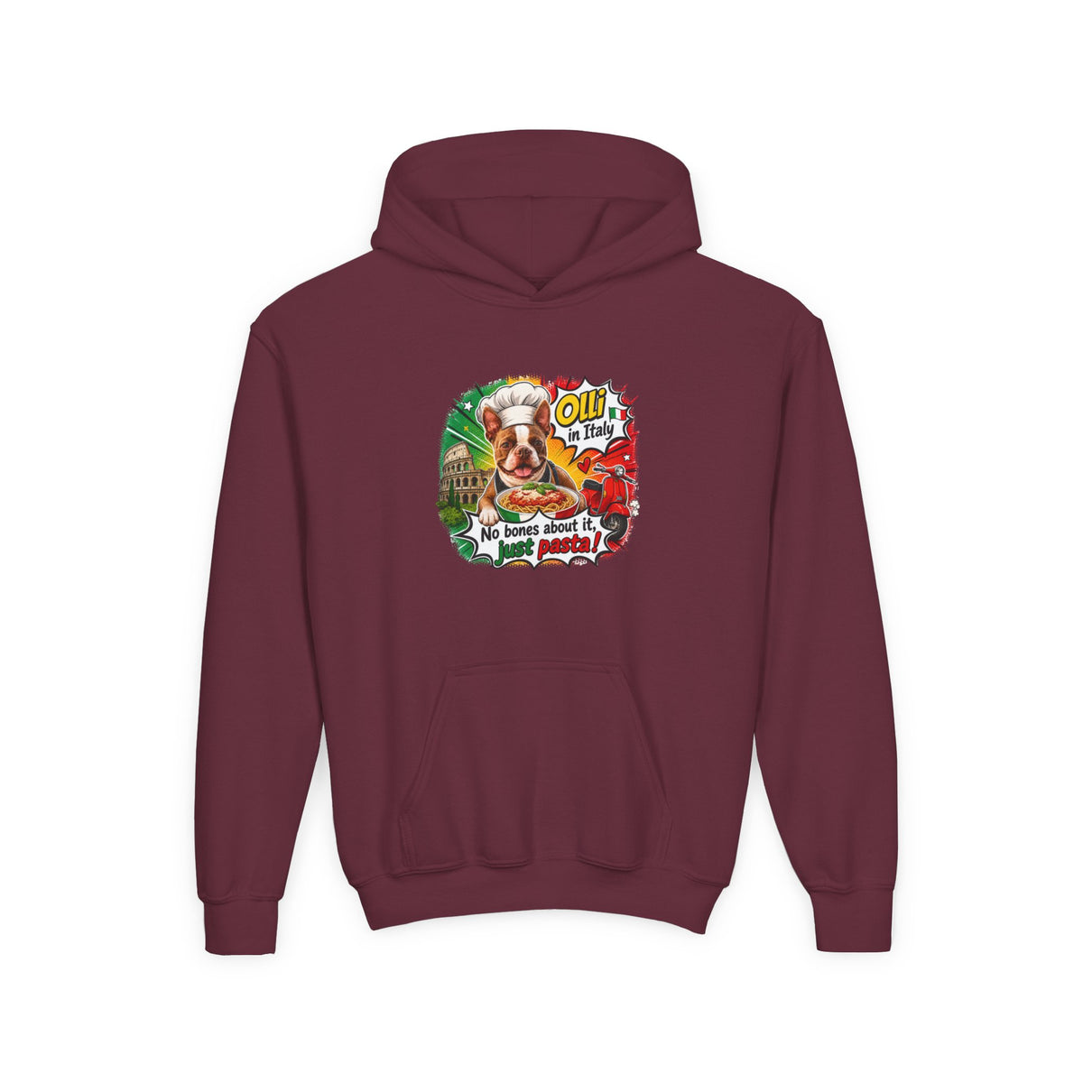 Youth Hoodie — "Olli from Italy" Boston Terrier Christmas Holiday Sweatshirt