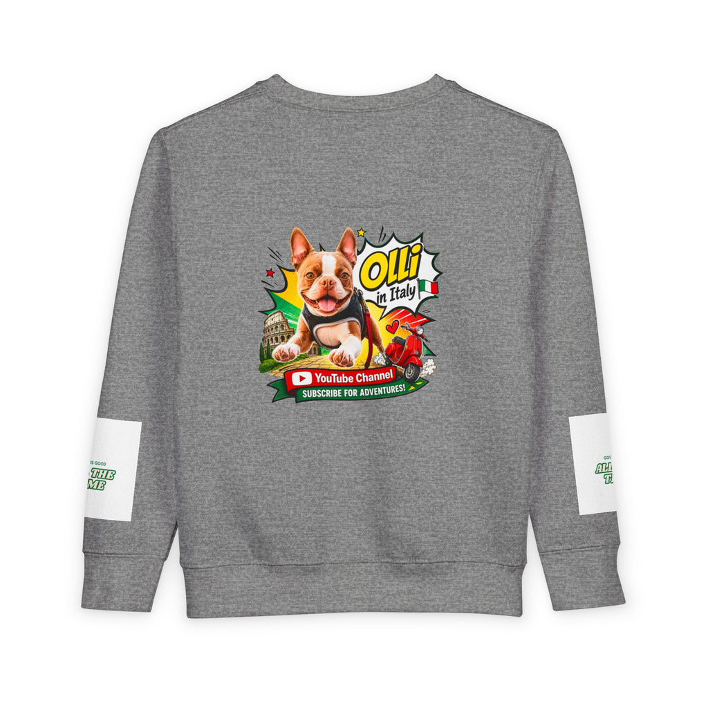 Toddler Sweatshirt - "Olli in Italy" Cute Boston Terrier Puppy Travel Crewneck