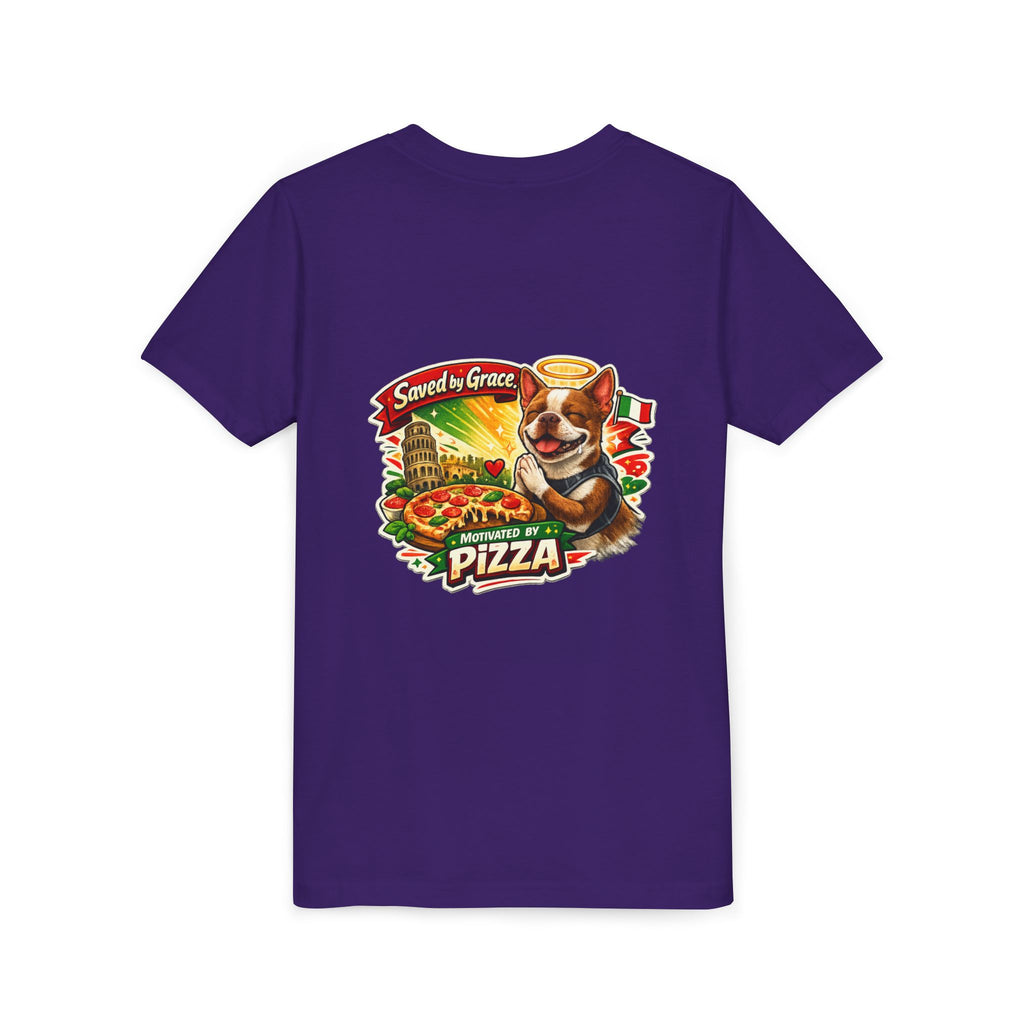 Kids' Pizza Olli the Boston Terrier Tee — "Saved by Grace" Funny Italian Pizza Youth Shirt