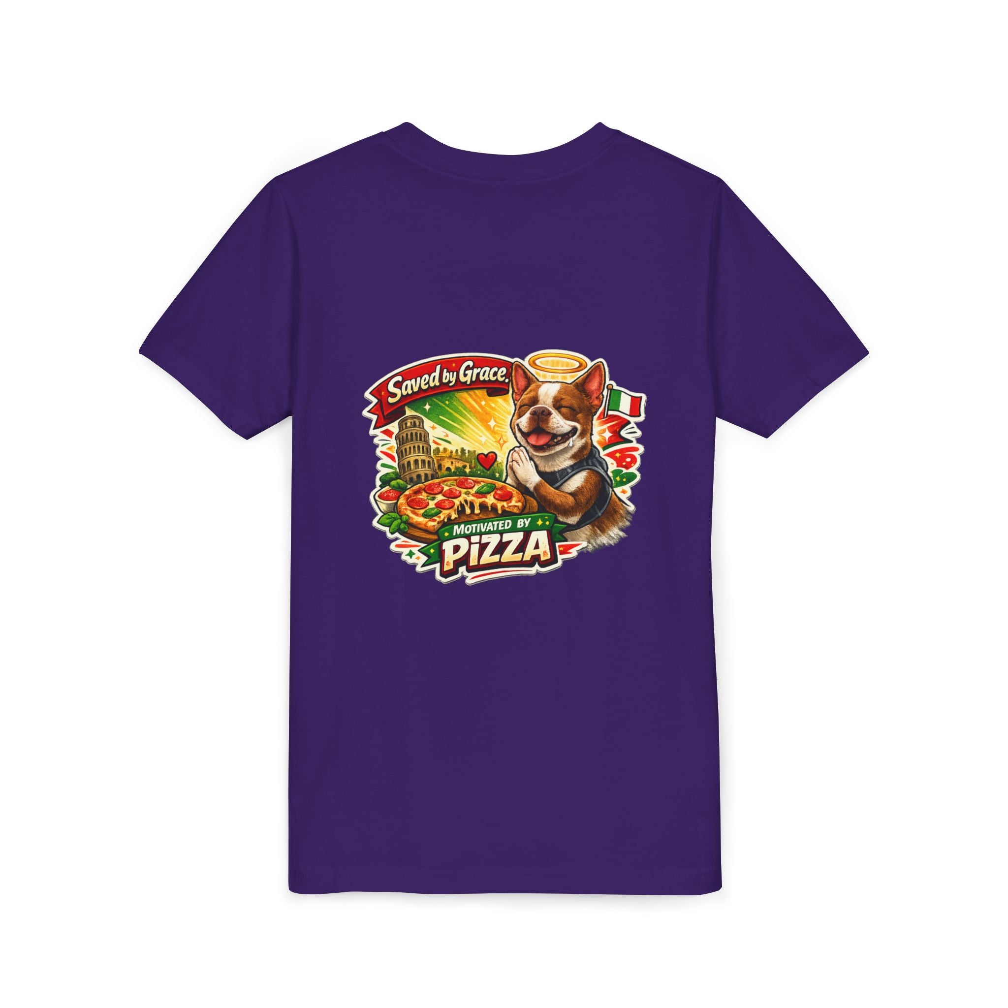 Kids' Pizza Olli the Boston Terrier Tee — "Saved by Grace" Funny Italian Pizza Youth Shirt