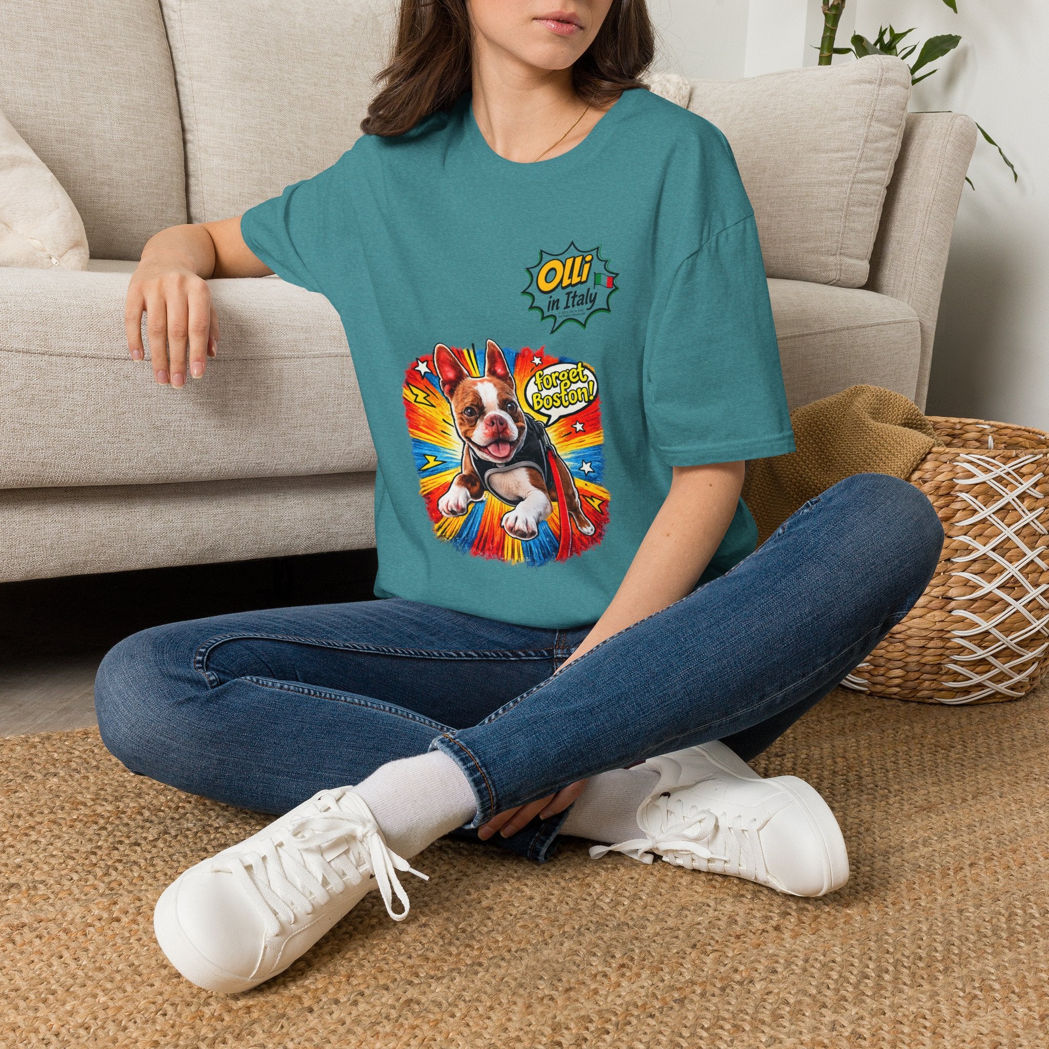 Olli in Italy "Forget Boston" Graphic T-Shirt — Colorful Dog Pop Art Tee