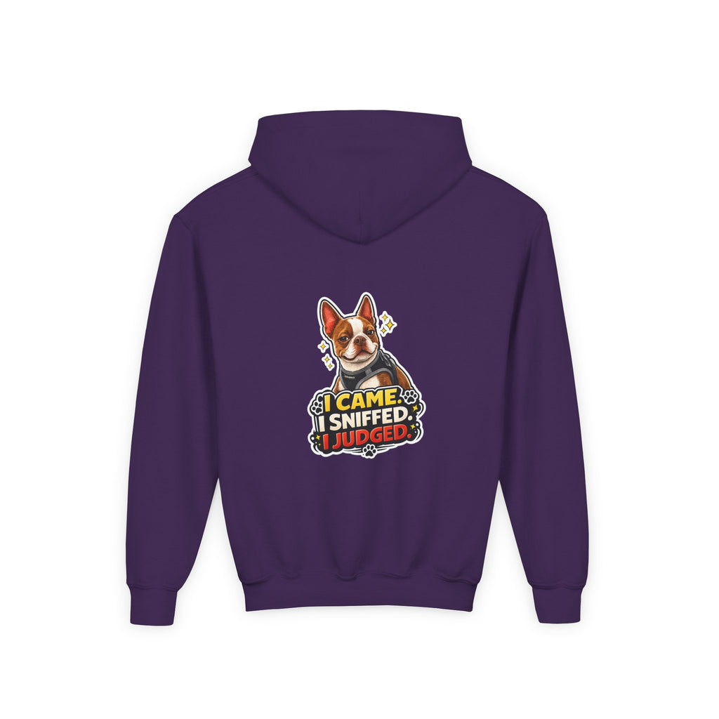 Youth Hoodie — Cute Olli the Boston Terrier ‘My Nose Says This Way’ / ‘I Came, I Sniffed, I Judged’
