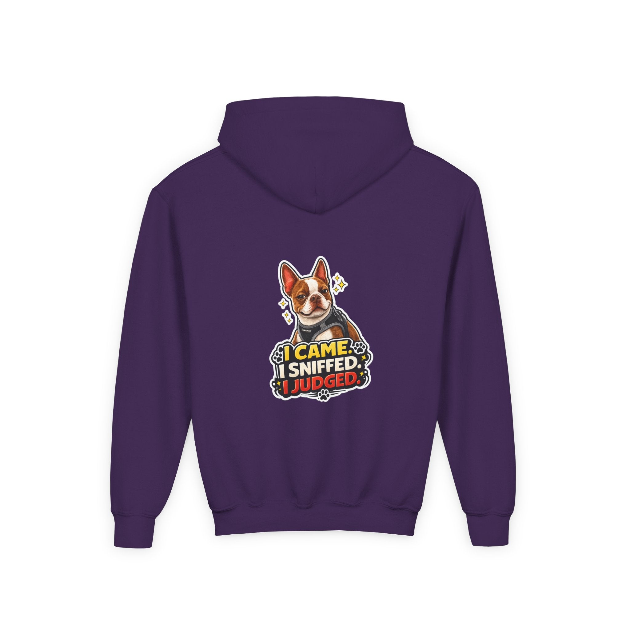 Youth Hoodie — Cute Olli the Boston Terrier ‘My Nose Says This Way’ / ‘I Came, I Sniffed, I Judged’