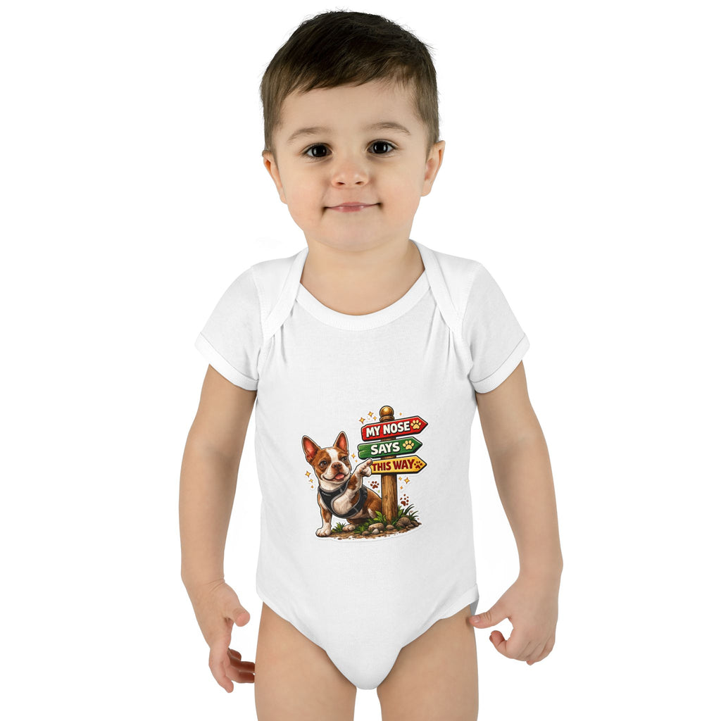 Infant Bodysuit — "My Nose Says This Way" Olli In Italy Boston Terrier Onesie (Front & Back Cute Dog Design)
