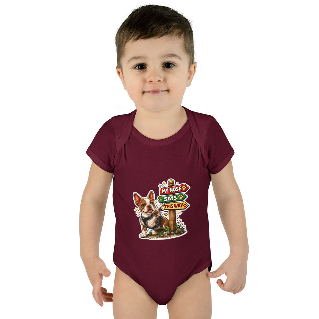 Infant Bodysuit — "My Nose Says This Way" Olli In Italy Boston Terrier Onesie (Front & Back Cute Dog Design)