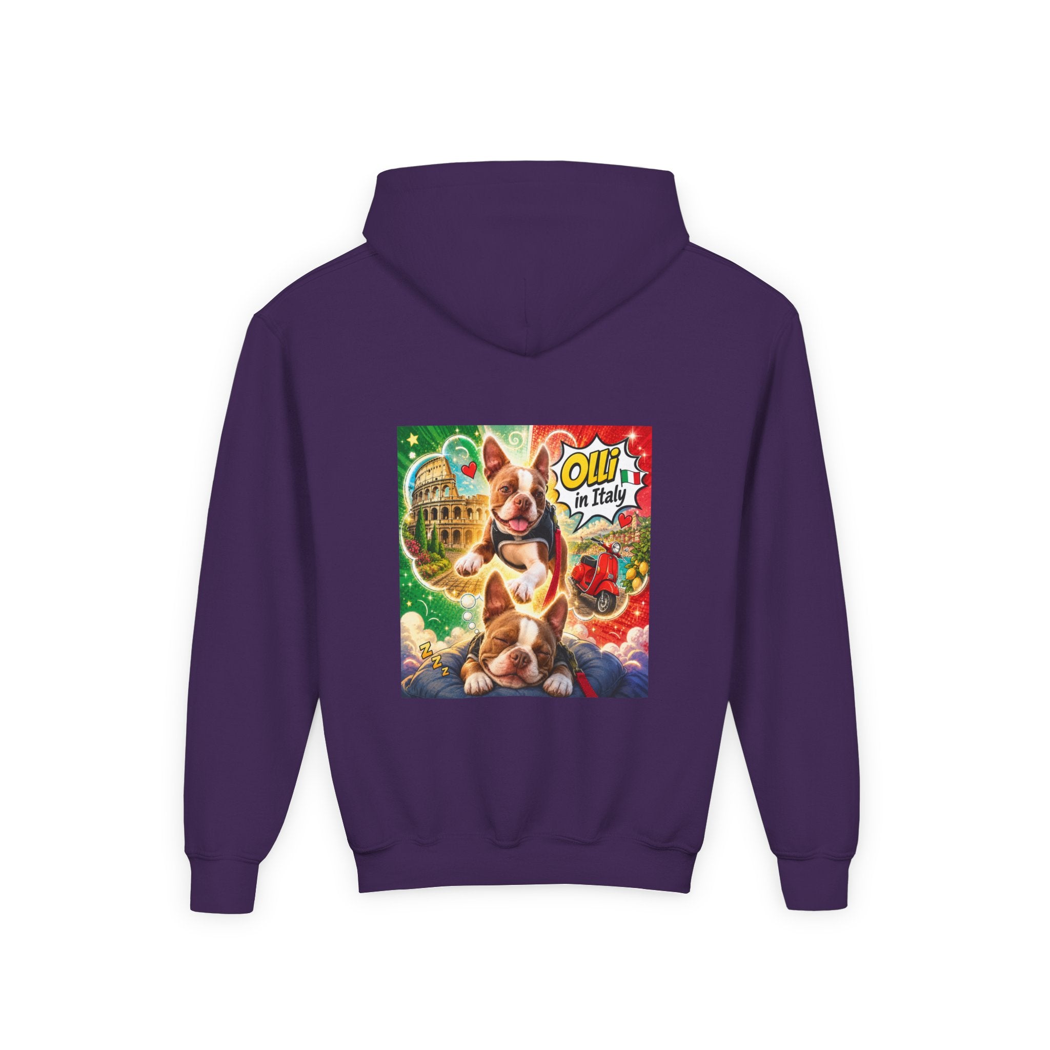 Youth Hoodie — "Olli from Italy" Boston Terrier Christmas Holiday Sweatshirt