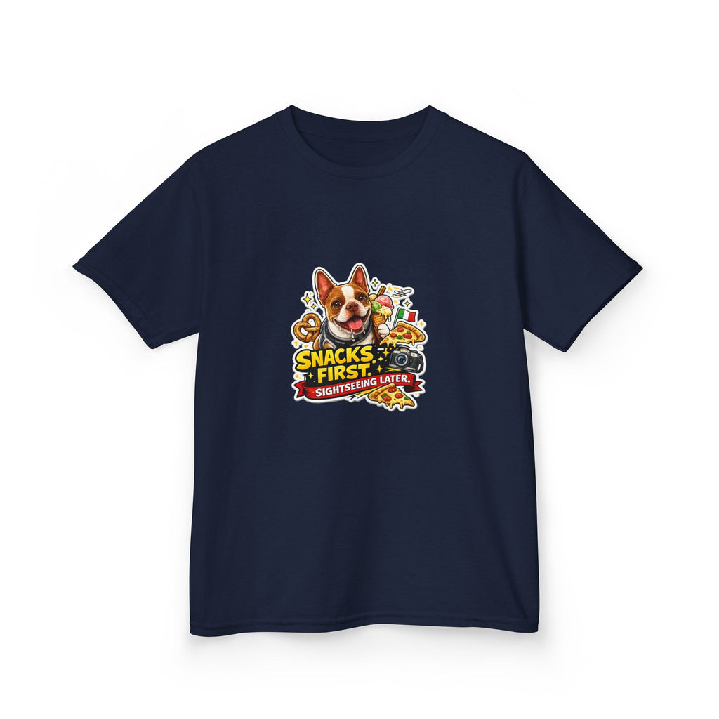 Kids T‑Shirt — "Snacks First" Funny Olli the Boston Terrier Graphic Tee for Children
