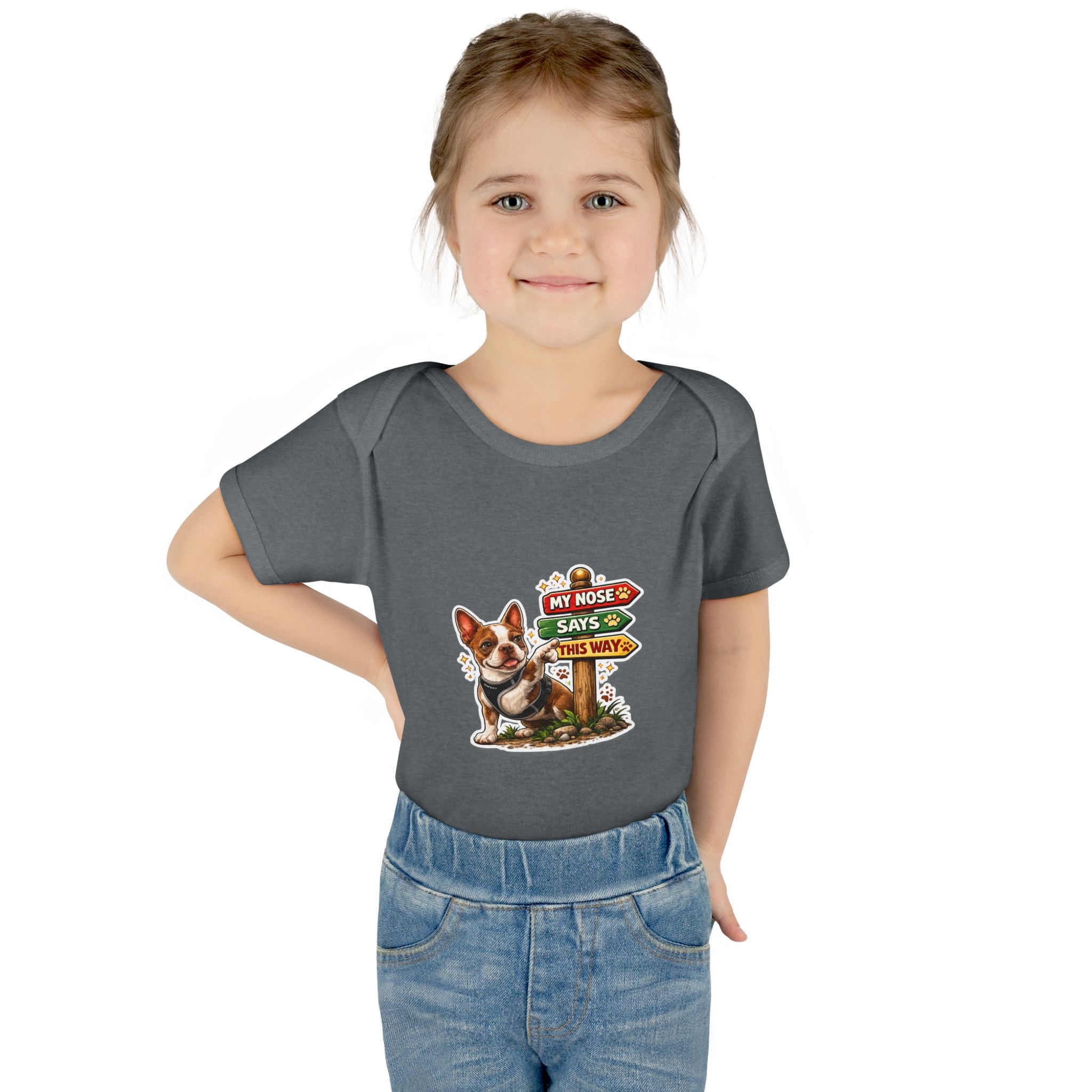 Infant Bodysuit — "My Nose Says This Way" Boston Terrier 'Olli' Baby Onesie (Front & Back Cute Dog Design)
