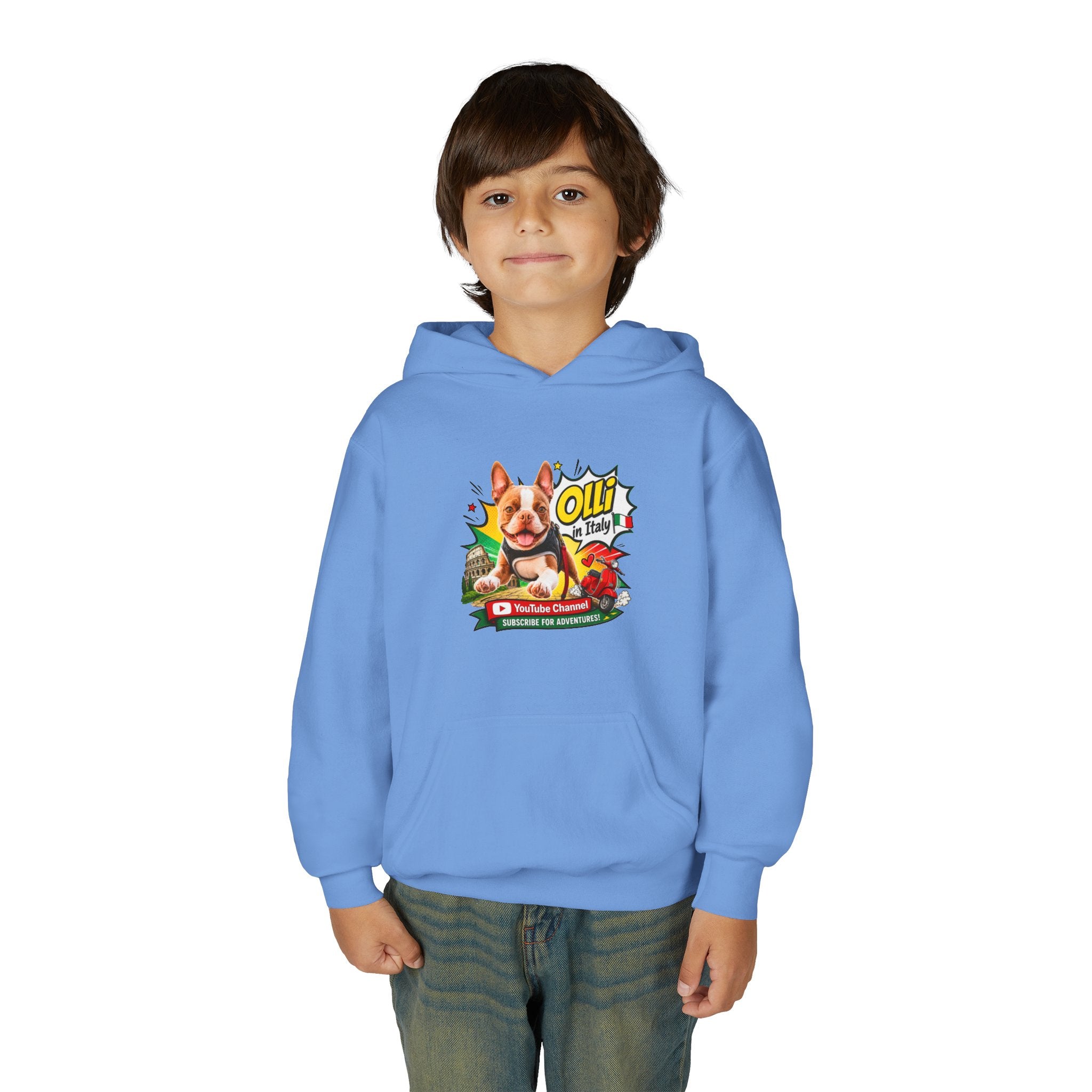 Olli the Boston Terrier in Italy Hoodie — "My Nose Says This Way" Youth Pullover