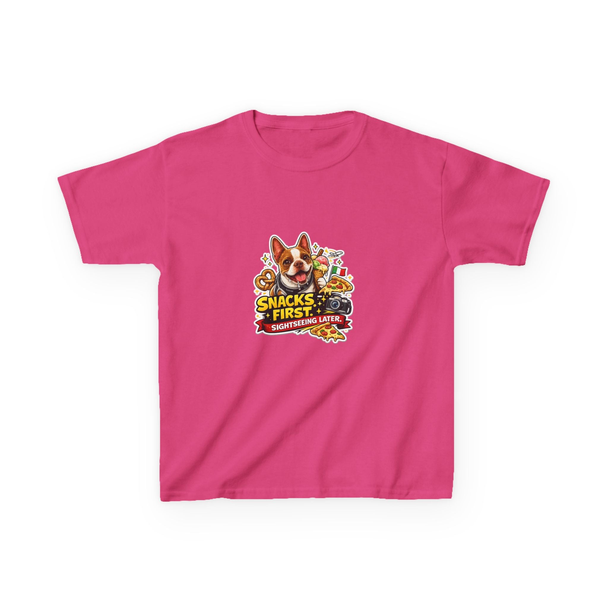 Kids T‑Shirt — "Snacks First" Funny Olli the Boston Terrier Graphic Tee for Children