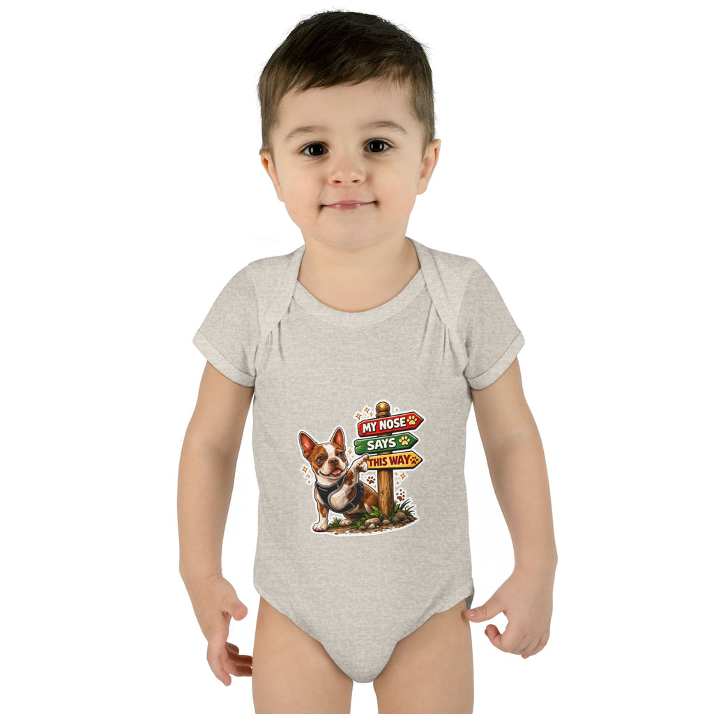 Infant Bodysuit — "My Nose Says This Way" Olli In Italy Boston Terrier Onesie (Front & Back Cute Dog Design)