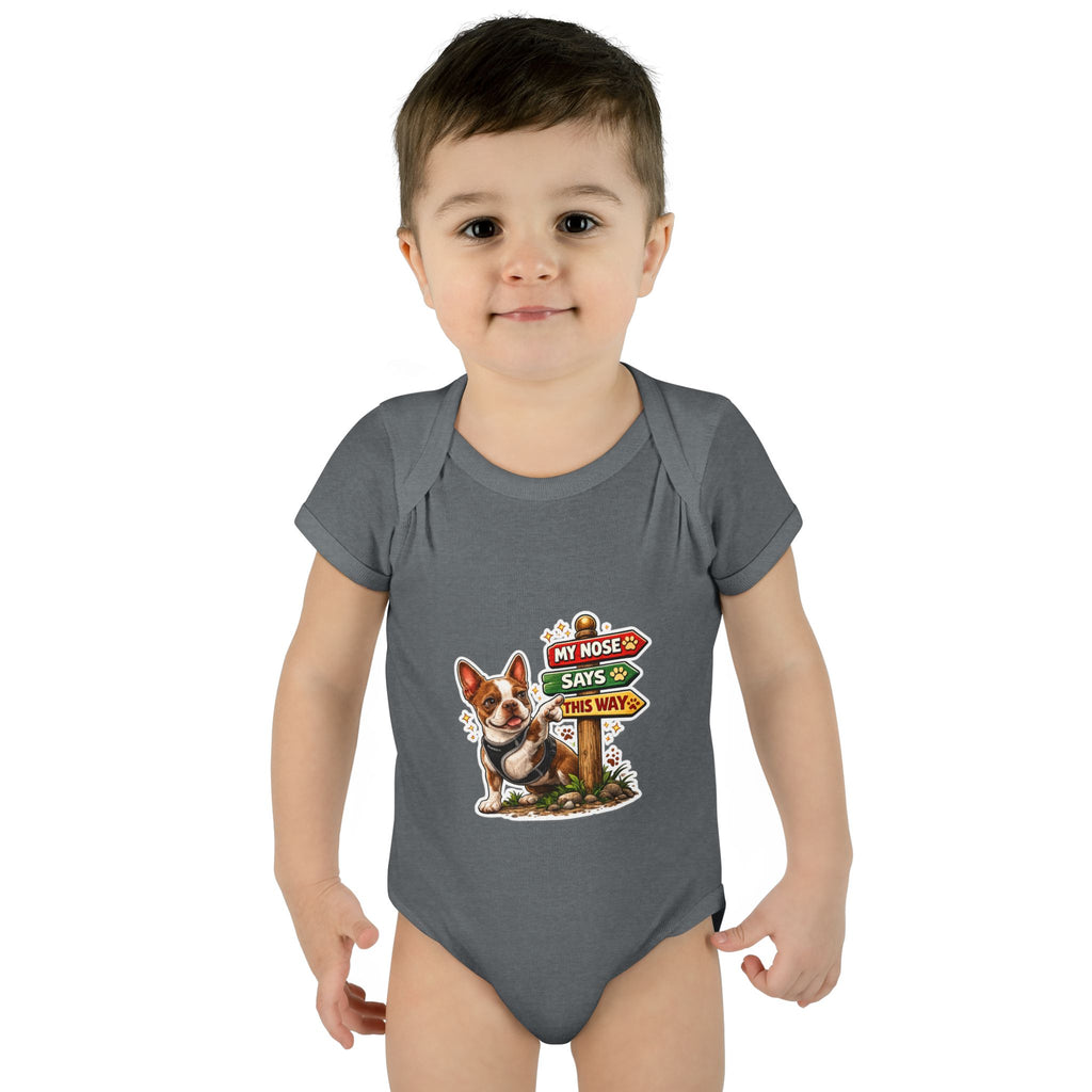 Infant Bodysuit — "My Nose Says This Way" Olli In Italy Boston Terrier Onesie (Front & Back Cute Dog Design)