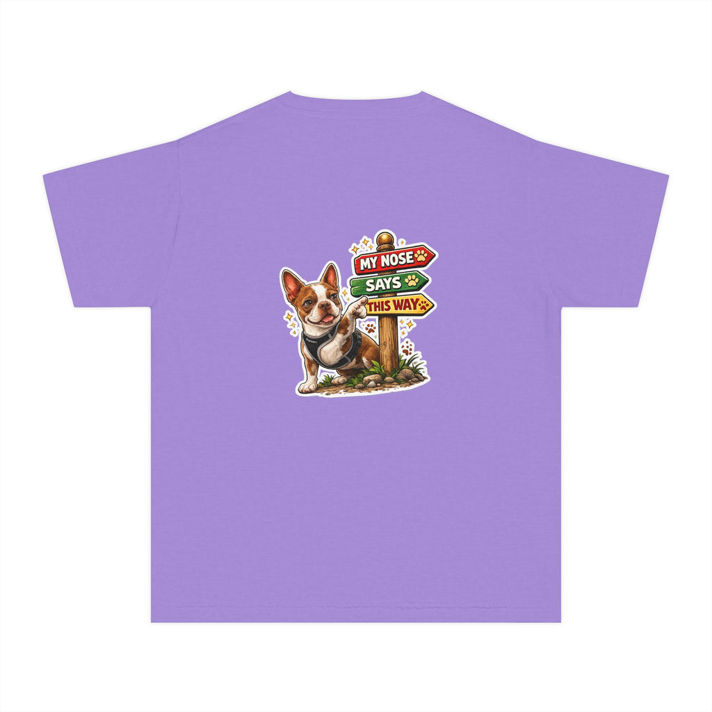 Youth Tee - Cute Olli the Boston Terrier "My Nose Says This Way" Vintage Italian Pizza Chef Graphic