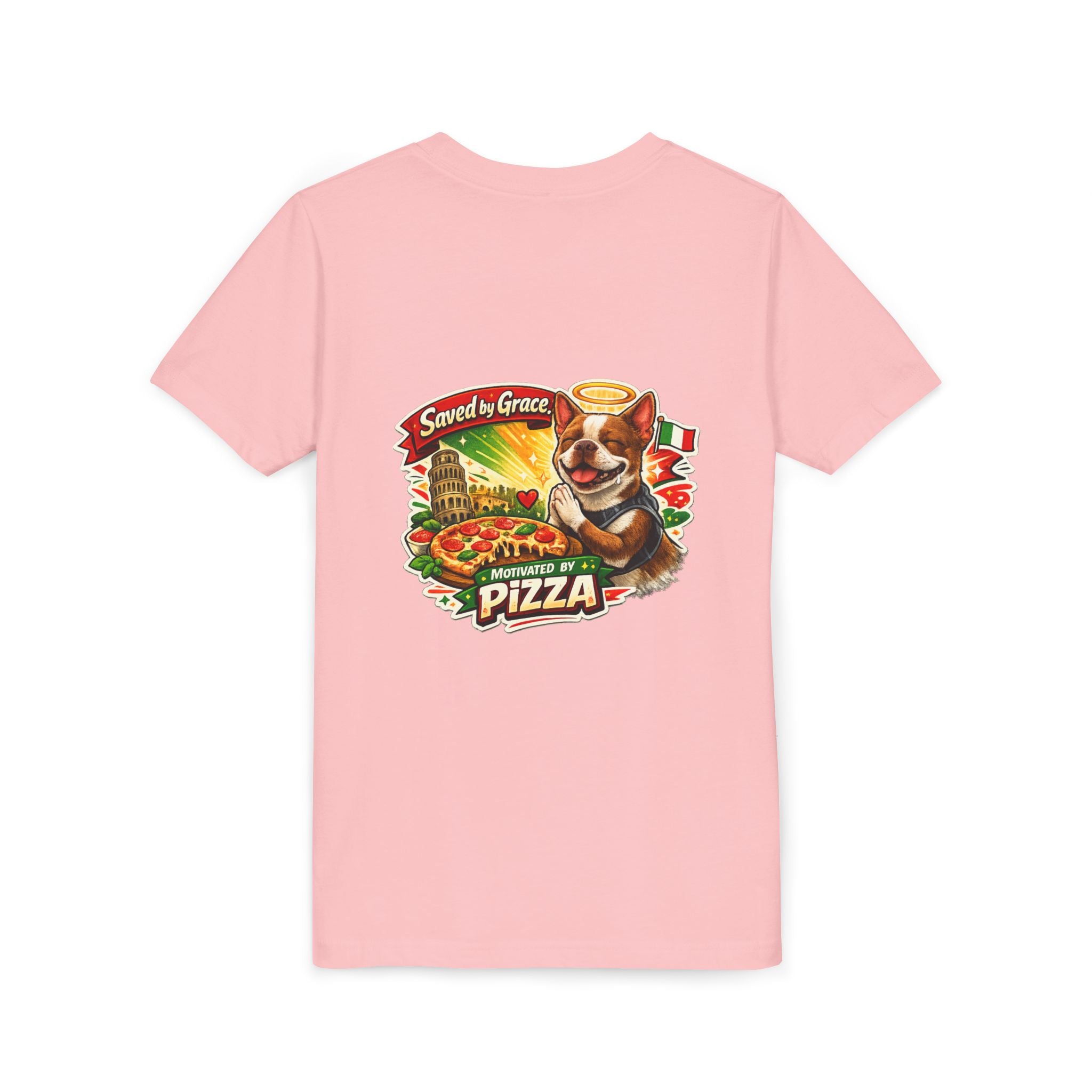 Kids' Pizza Olli the Boston Terrier Tee — "Saved by Grace" Funny Italian Pizza Youth Shirt
