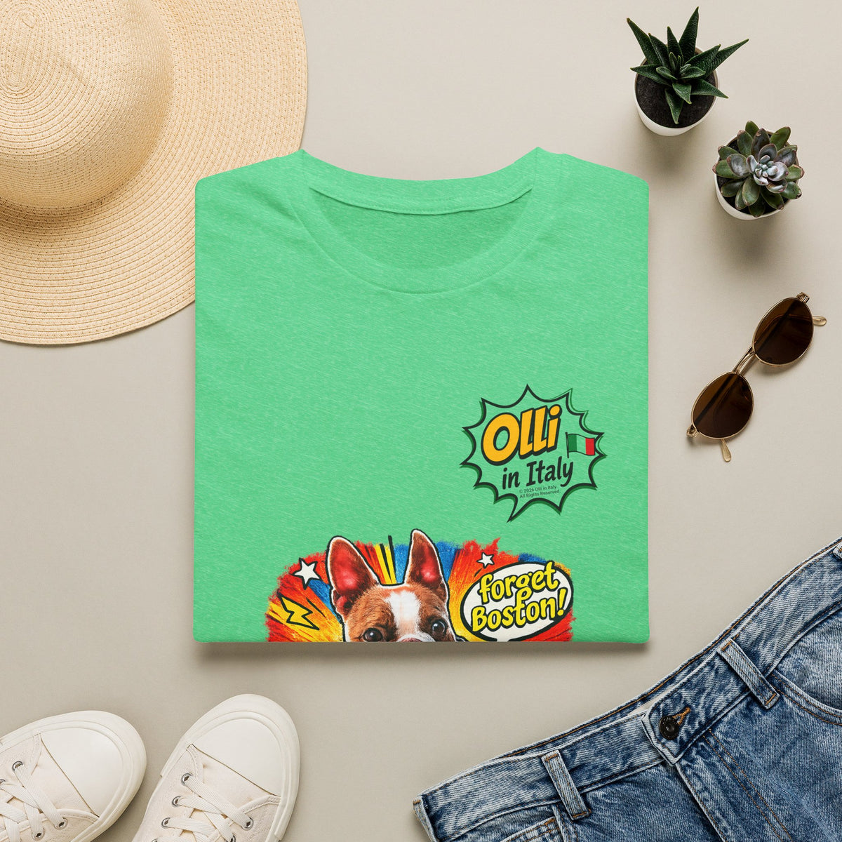 Olli in Italy "Forget Boston" Graphic T-Shirt — Colorful Dog Pop Art Tee