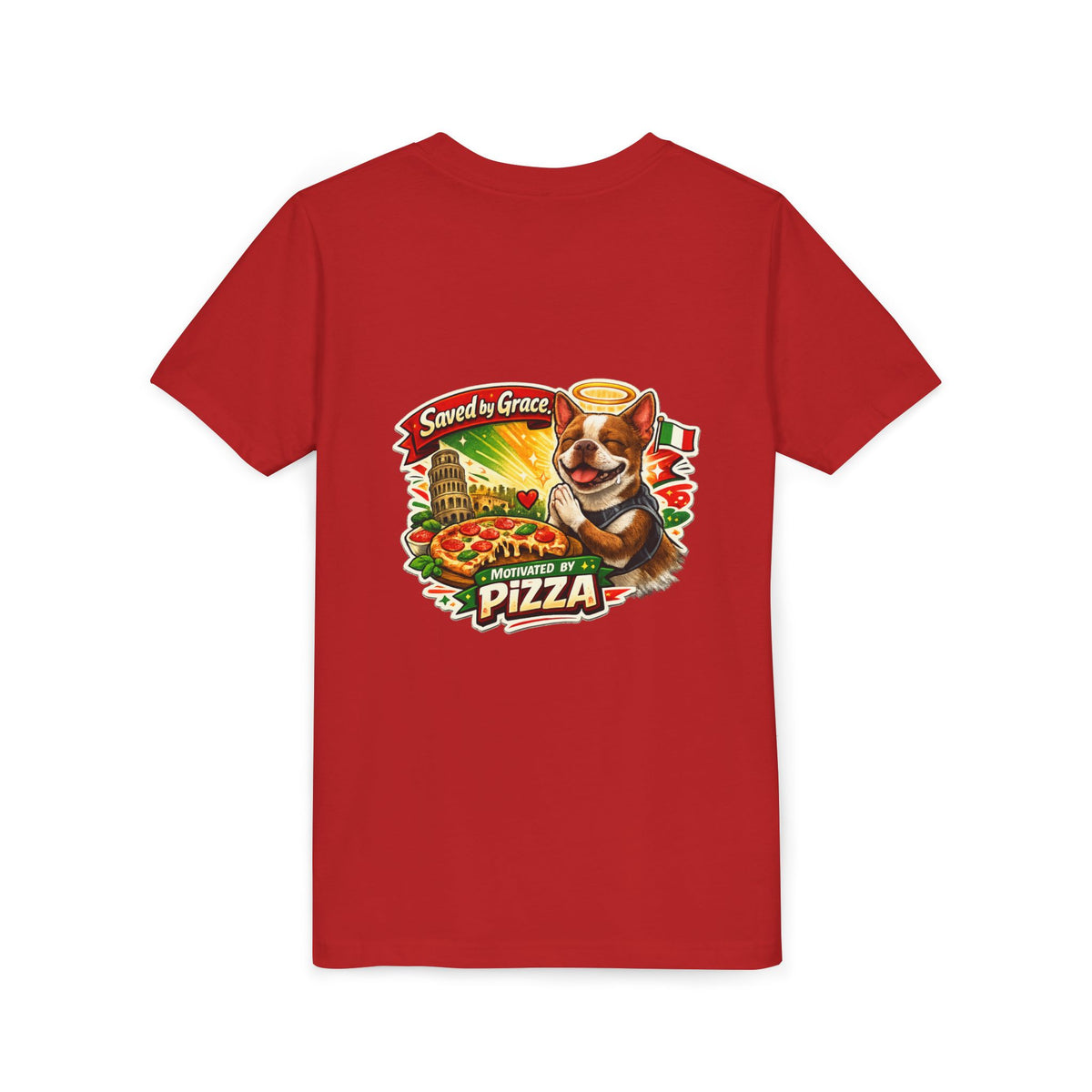 Kids' Pizza Olli the Boston Terrier Tee — "Saved by Grace" Funny Italian Pizza Youth Shirt