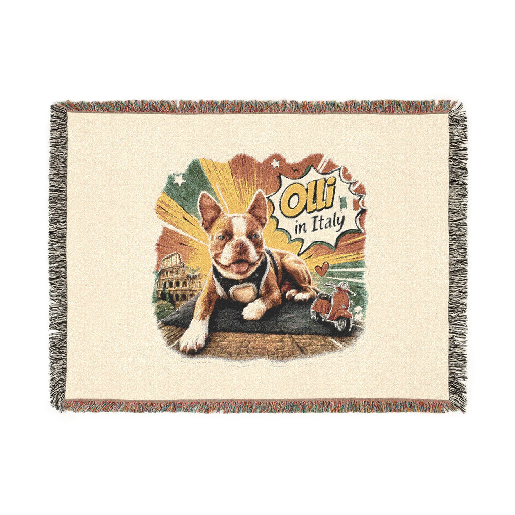 Olli in Italy dog illustration Woven Blanket | travel retro pet throw