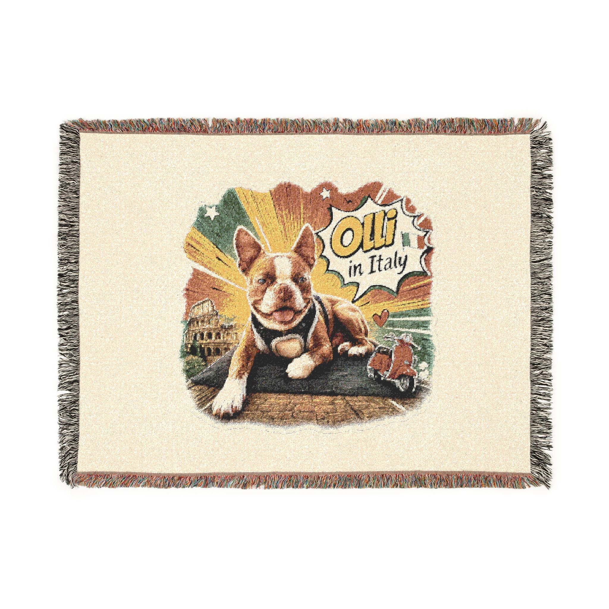 Olli in Italy dog illustration Woven Blanket | travel retro pet throw